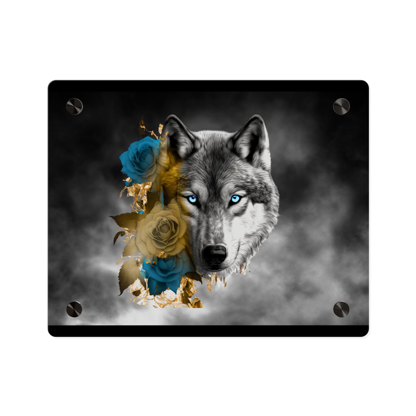 Lively Wolf Acrylic Wall Art Panel - Blue Roses Decor