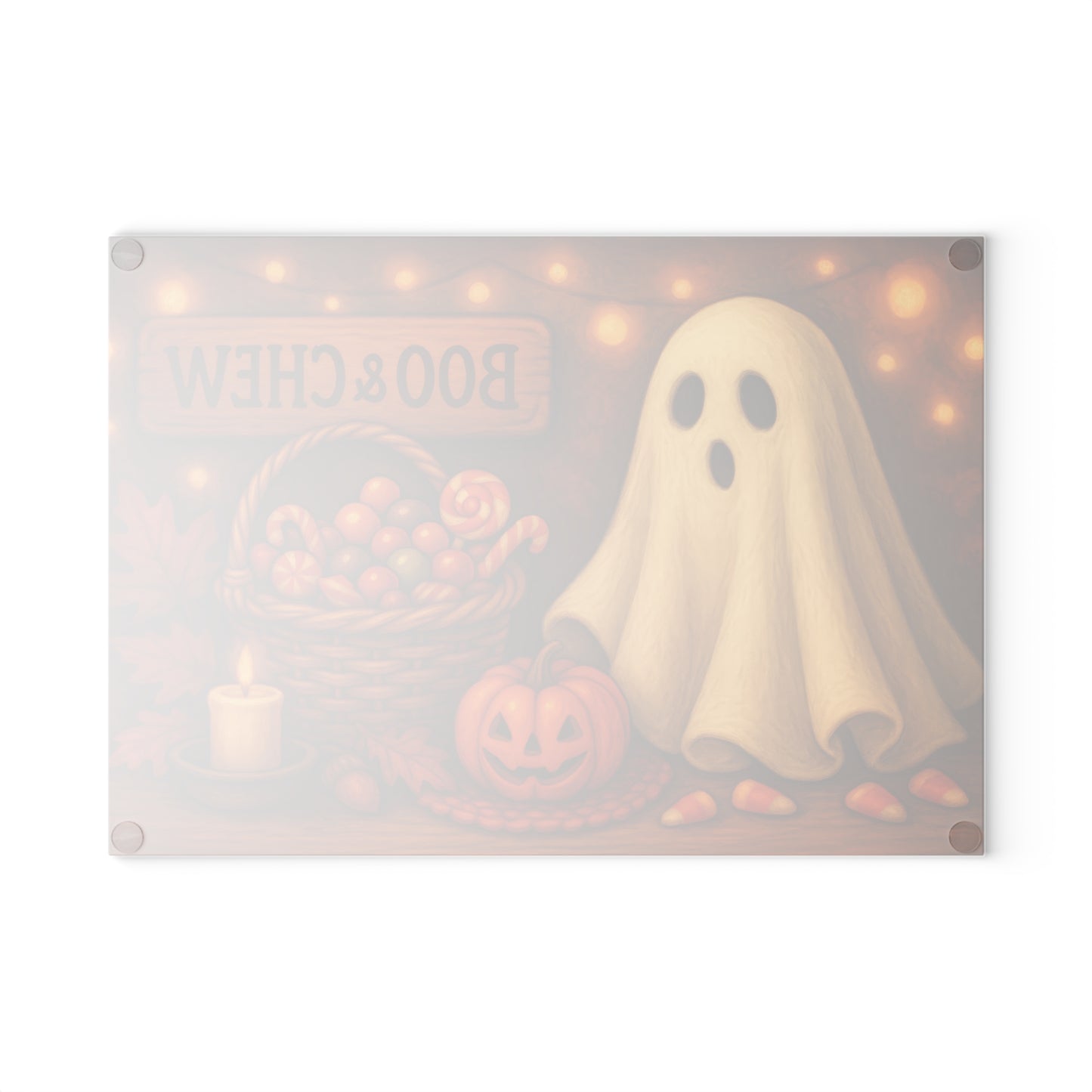 Halloween Themed Glass Cutting Board with 'Boo & Chew' Design