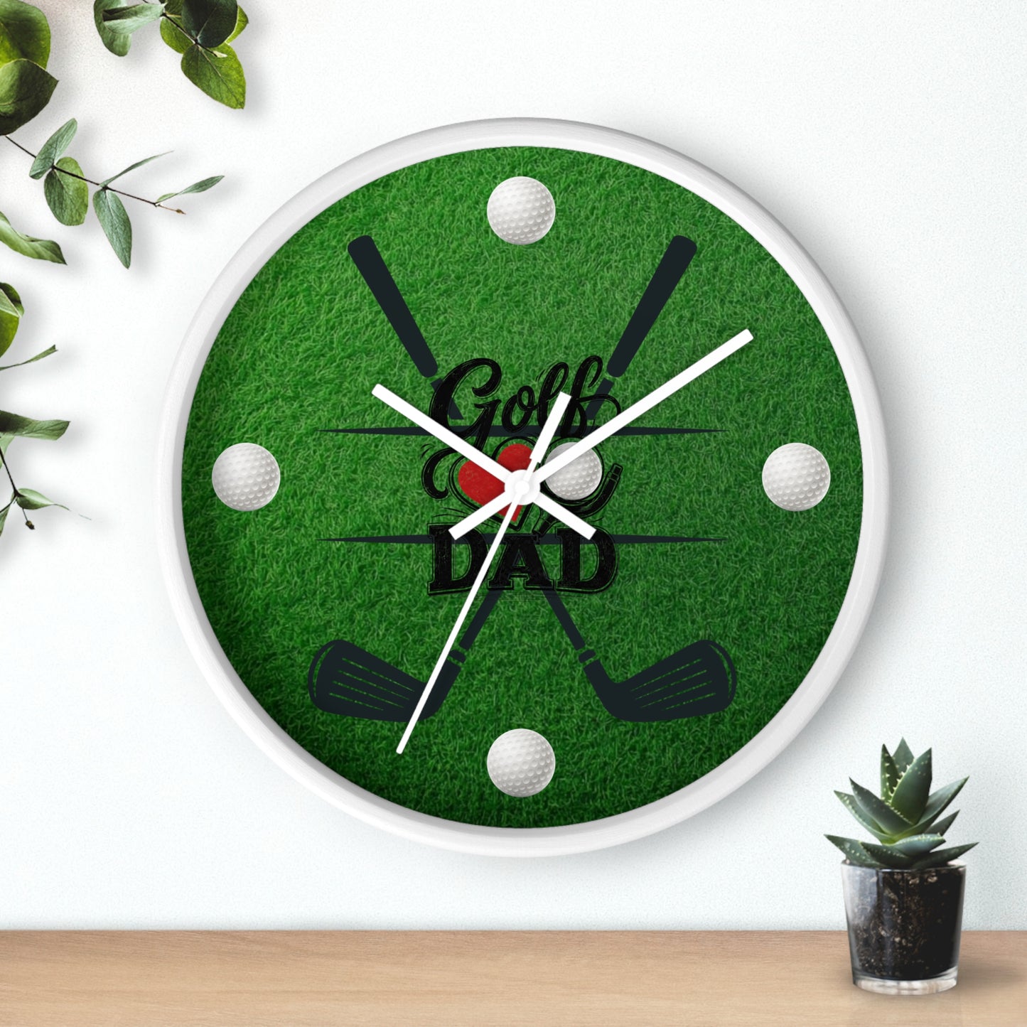 Golf Dad Wall Clock - Green Turf with Golf Ball & Clubs Father's Day Clock