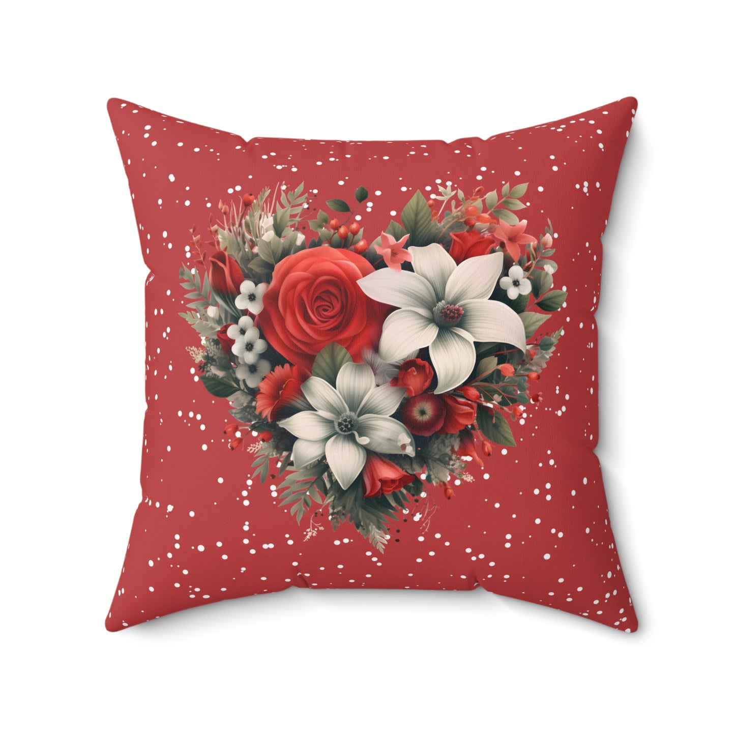 Spun Polyester Square Pillow features a Heart Shape Christmas Floral Design on One Side, Beautiful Accent for Home or Office