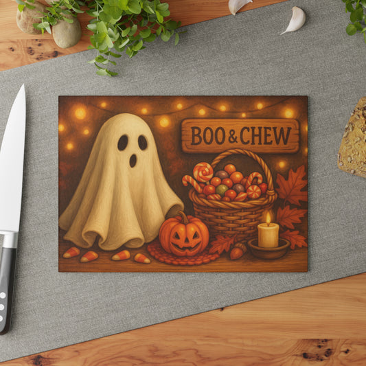 Halloween Themed Glass Cutting Board with 'Boo & Chew' Design