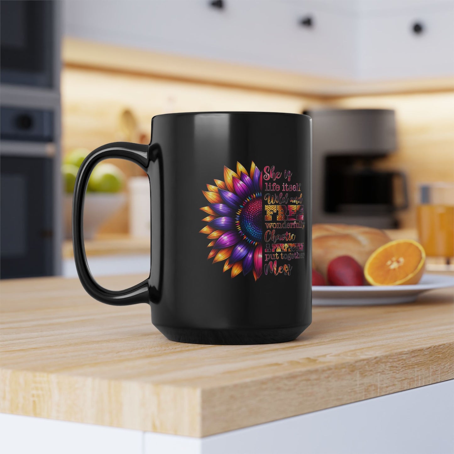 Inspirational Black Mug with Colorful Flower Design - Perfect Gift for Women