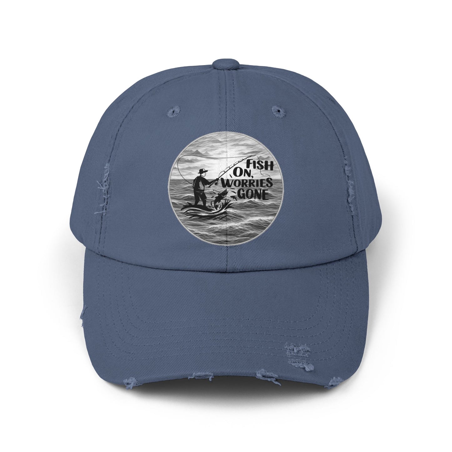 Fishing Themed "Fish On Worries Gone" Distressed Cap - Perfect Gift for Anglers, Outdoor Enthusiasts, Summer Vibes, Relaxation Hats, Fun Fishing Accessories