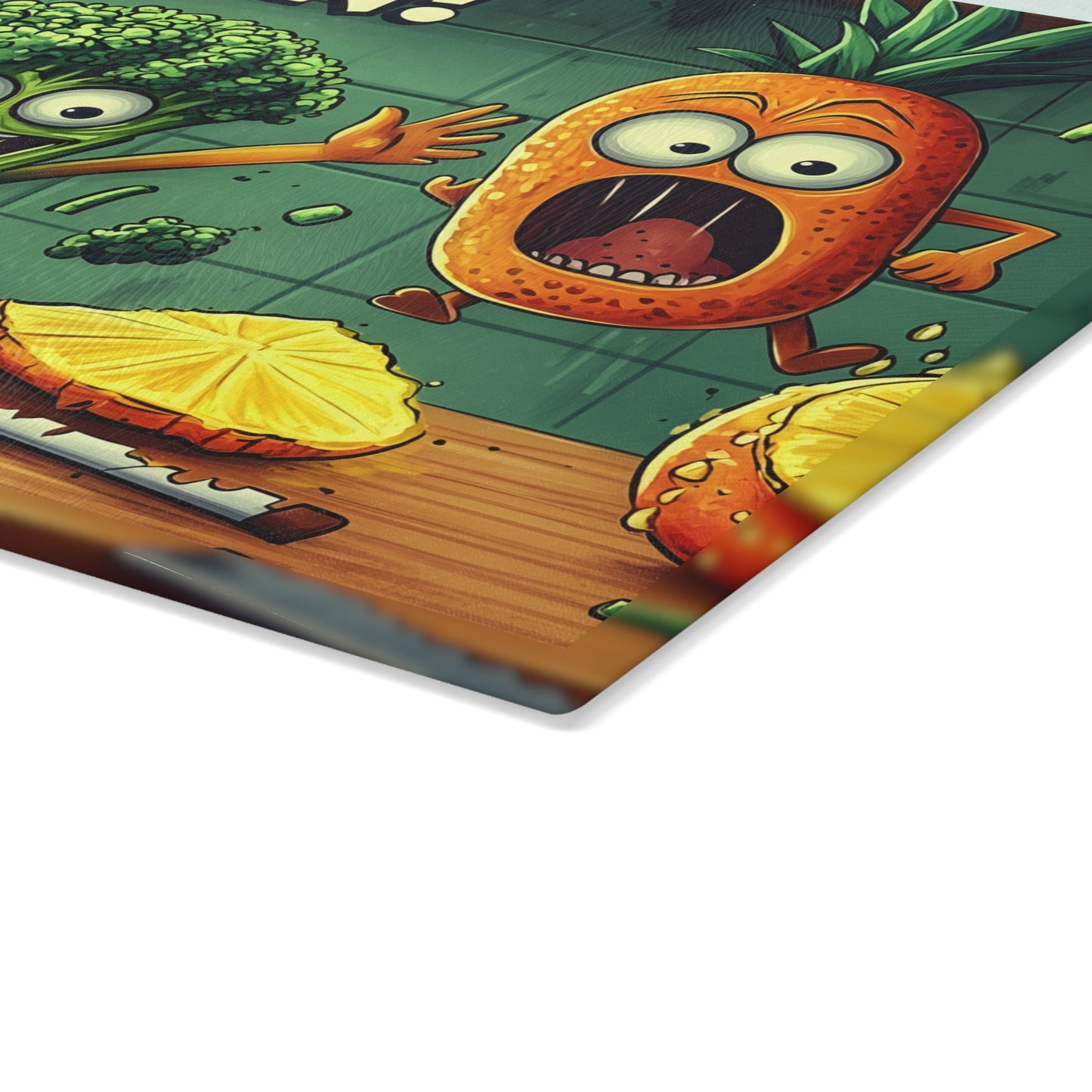 Fun Cartoon Glass Cutting Board - 'Run!' Veggie Design