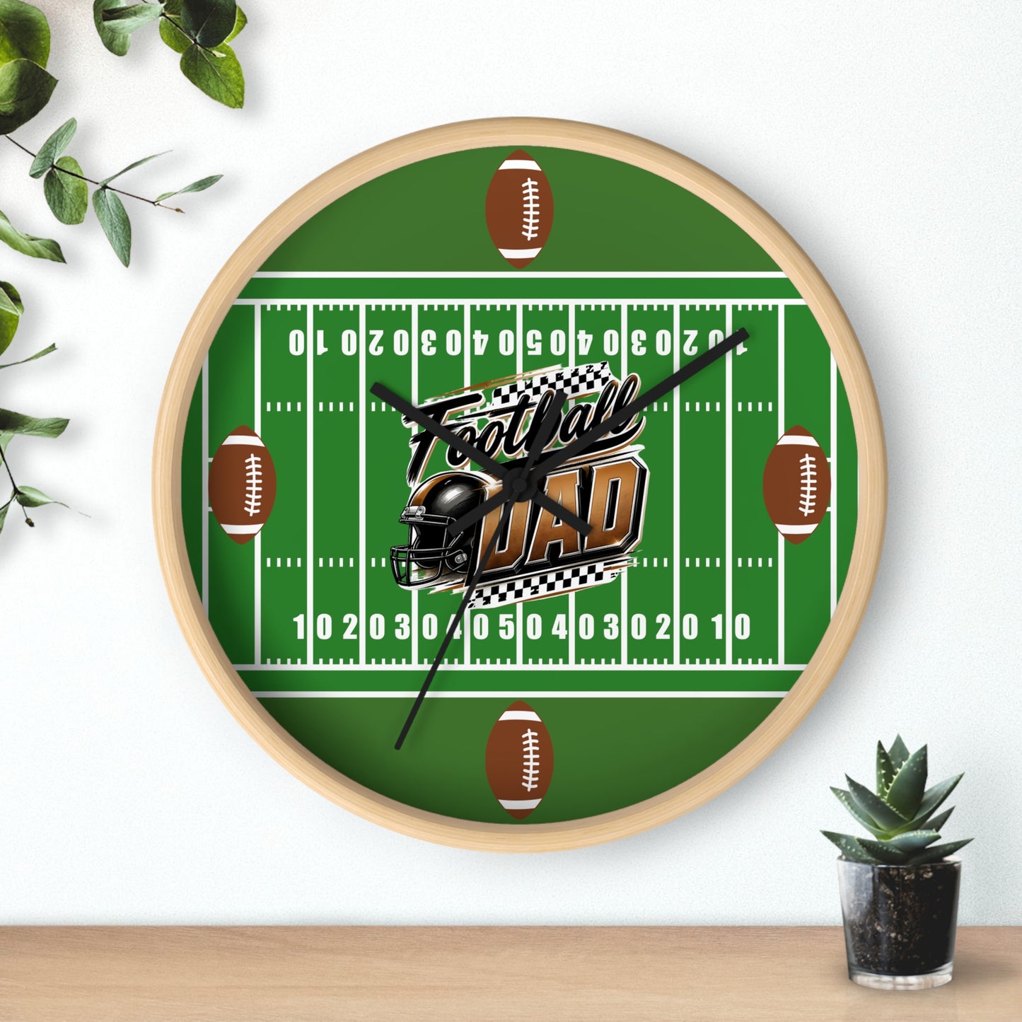 Football Dad Wall Clock — Gridiron Field Design with Helmet & Footballs