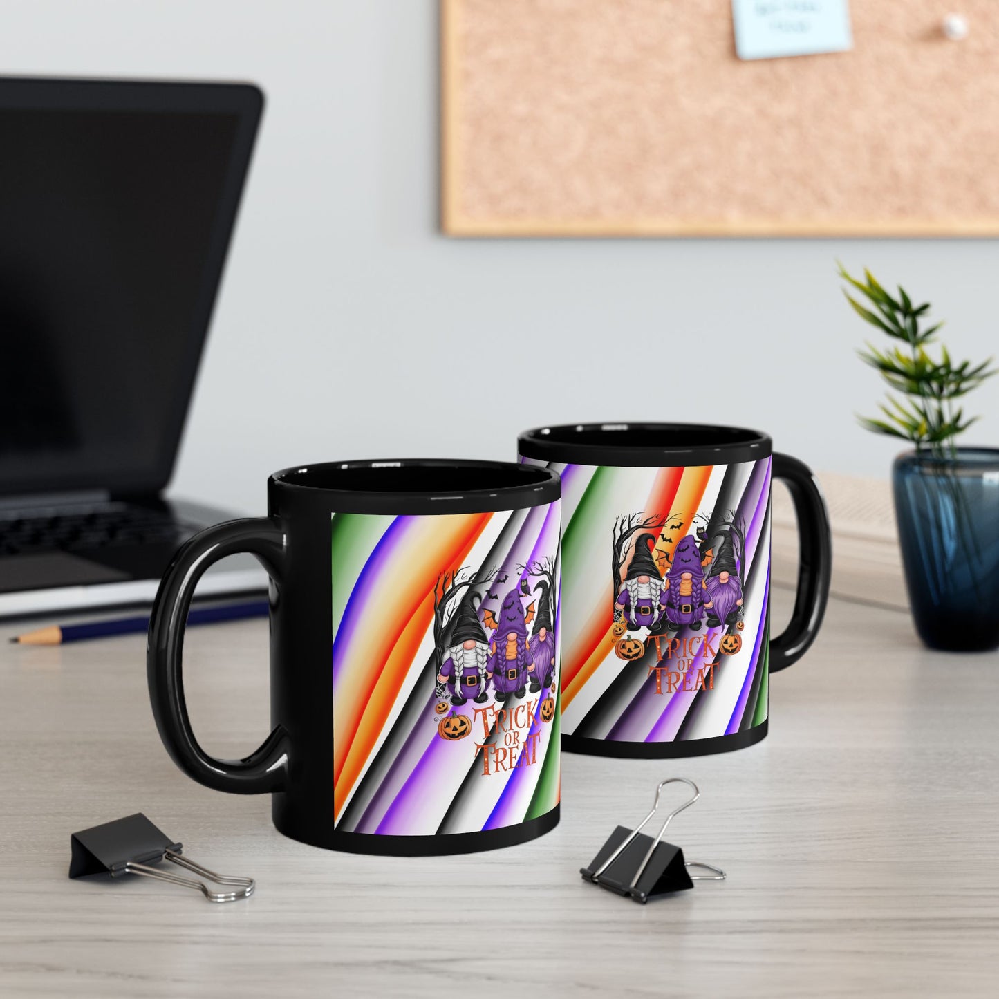 Halloween Theme Black Mug (11oz, 15oz), Cute Halloween Expression with Gnomes, Halloween Lovers, Gnome Lovers, Coffee, Tea, Hot Chocolate Lovers Gift Idea