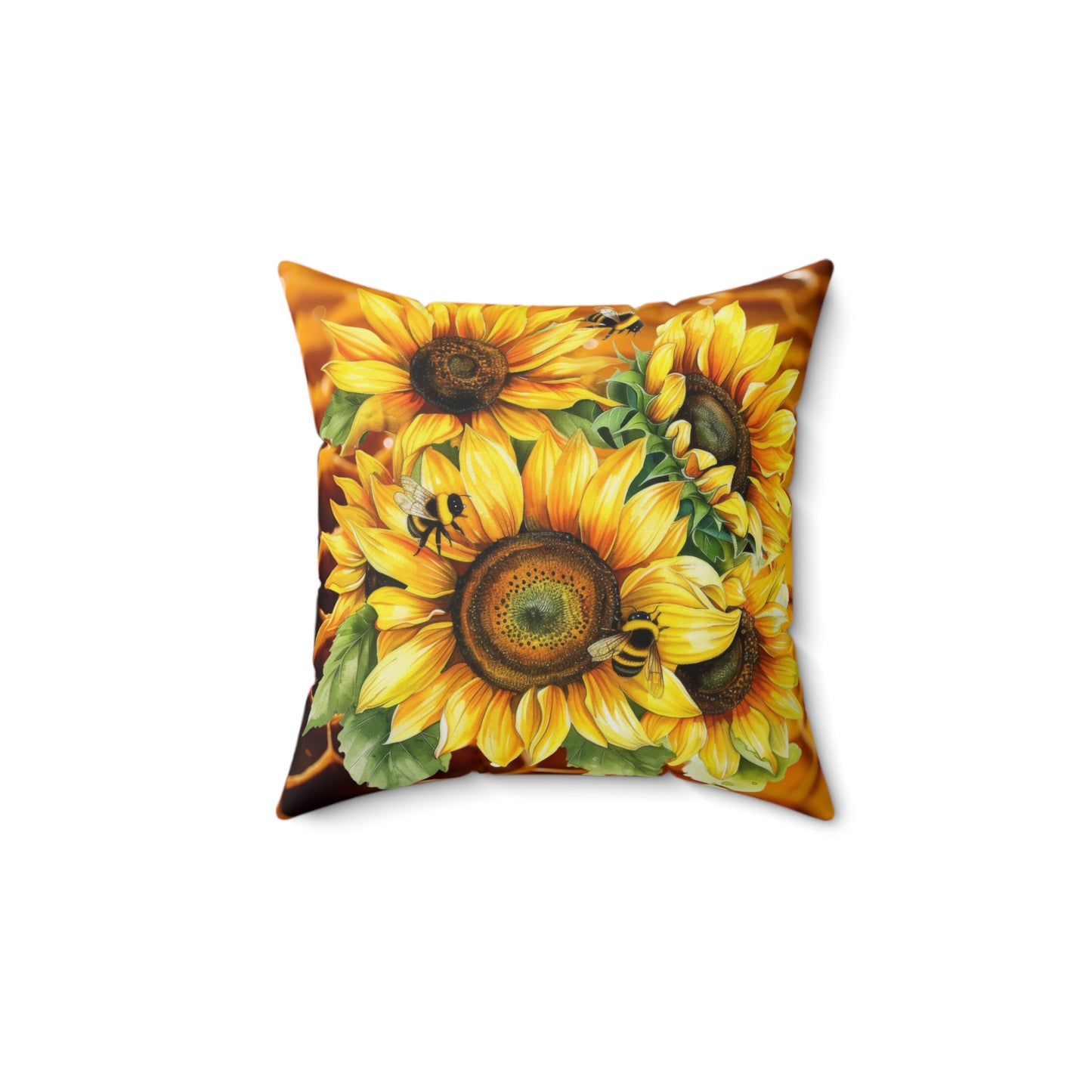 Decorative Spun Polyester Square Pillow, Honeybees and Sunflowers Accent for Any Room, Honeybees and Sunflower Lovers Home or Office Decor