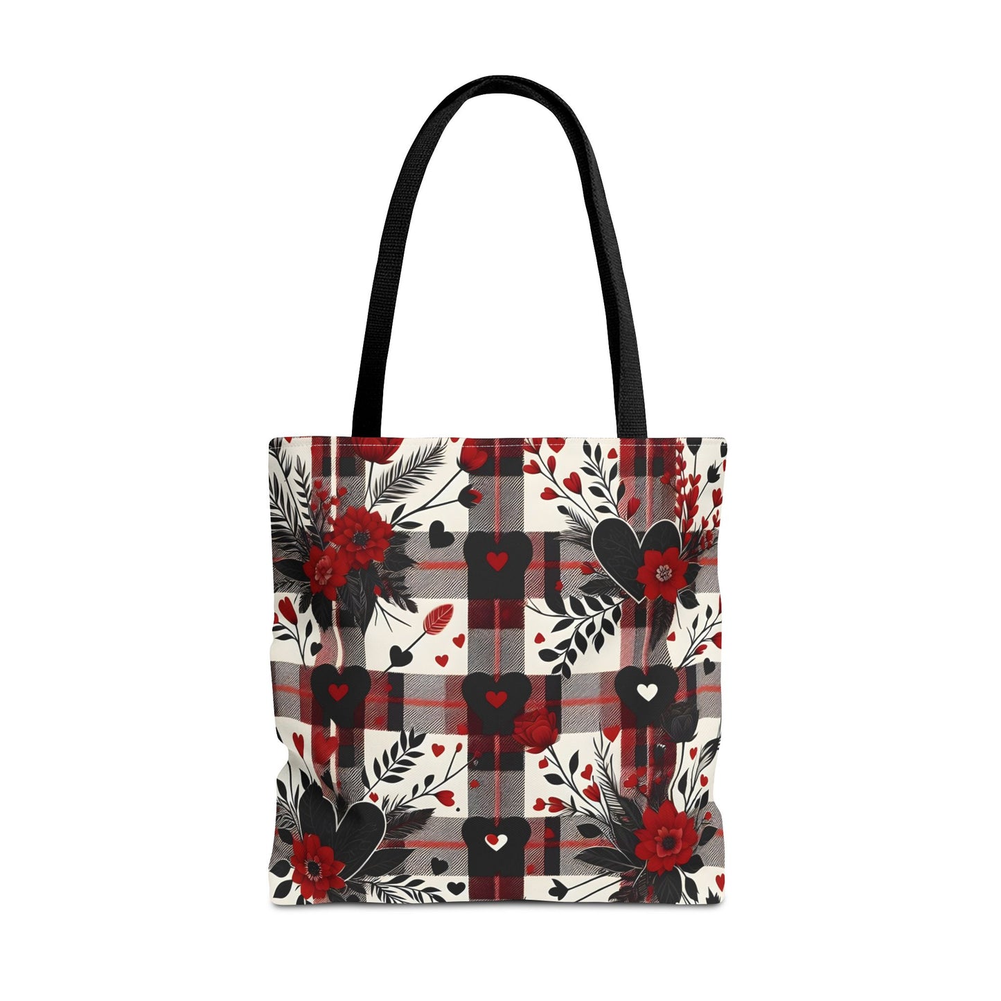 Fashionable Valentine Tote Bag (AOP) with Flowers and Hearts Plaid Design Pattern