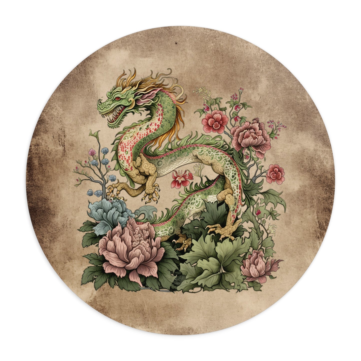 Dragon Floral Art Desk Mouse Pad - Vintage Japanese Style Desk Accessory