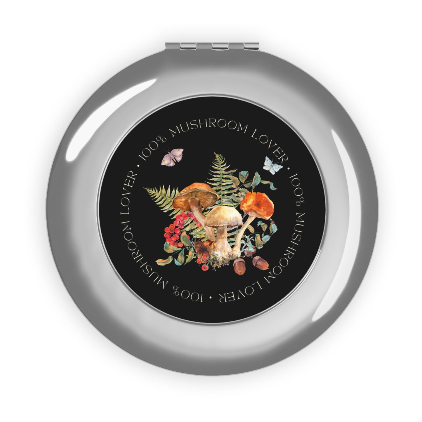 Compact Travel Mirror — '100% Mushroom Lover' Botanical Mushroom Pocket Mirror