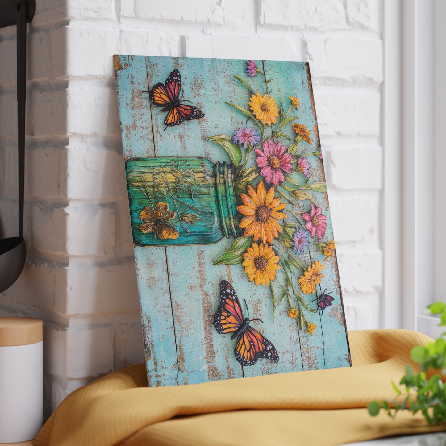 Mason Jar Floral with Butterflies Glass Cutting Board