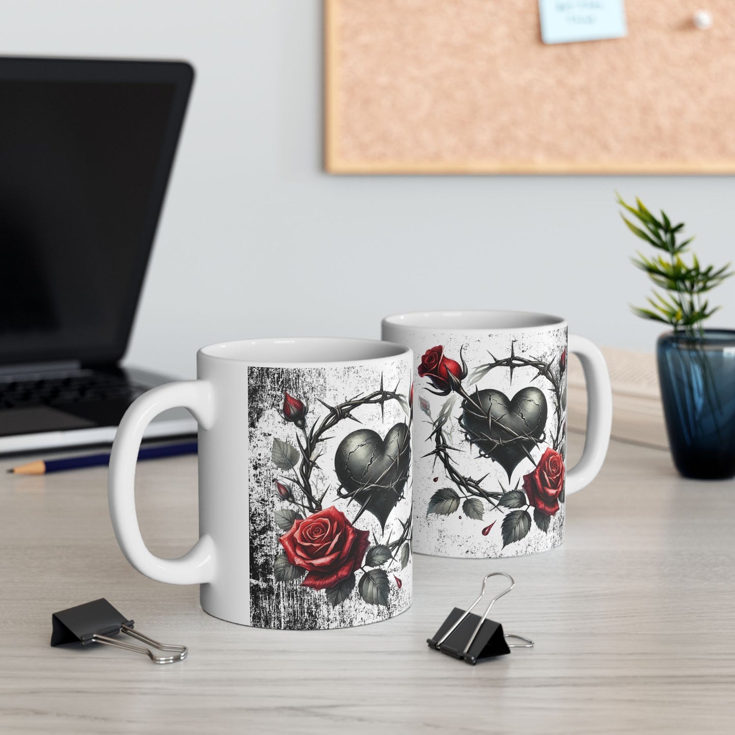 Valentine Ceramic Mug - "Will You Be My Valentine" Gothic Red Rose & Thorn Design with 'Valentine' Hearts (11oz/15oz)