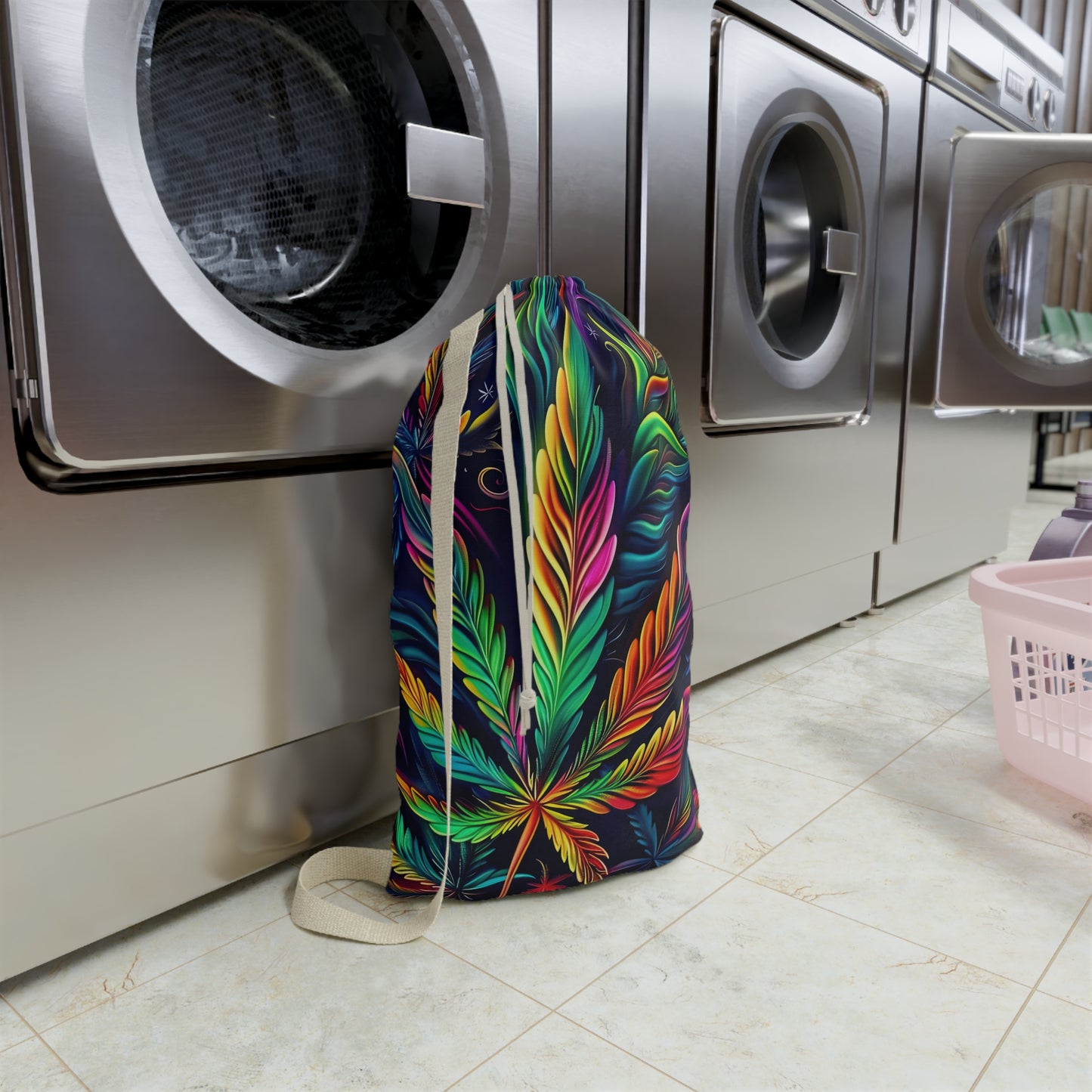 Vibrant Rainbow Botanical Leaf Laundry Bag — Boho Hippie Drawstring Tote for Dorms & Travel