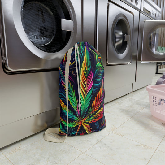 Vibrant Rainbow Botanical Leaf Laundry Bag — Boho Hippie Drawstring Tote for Dorms & Travel