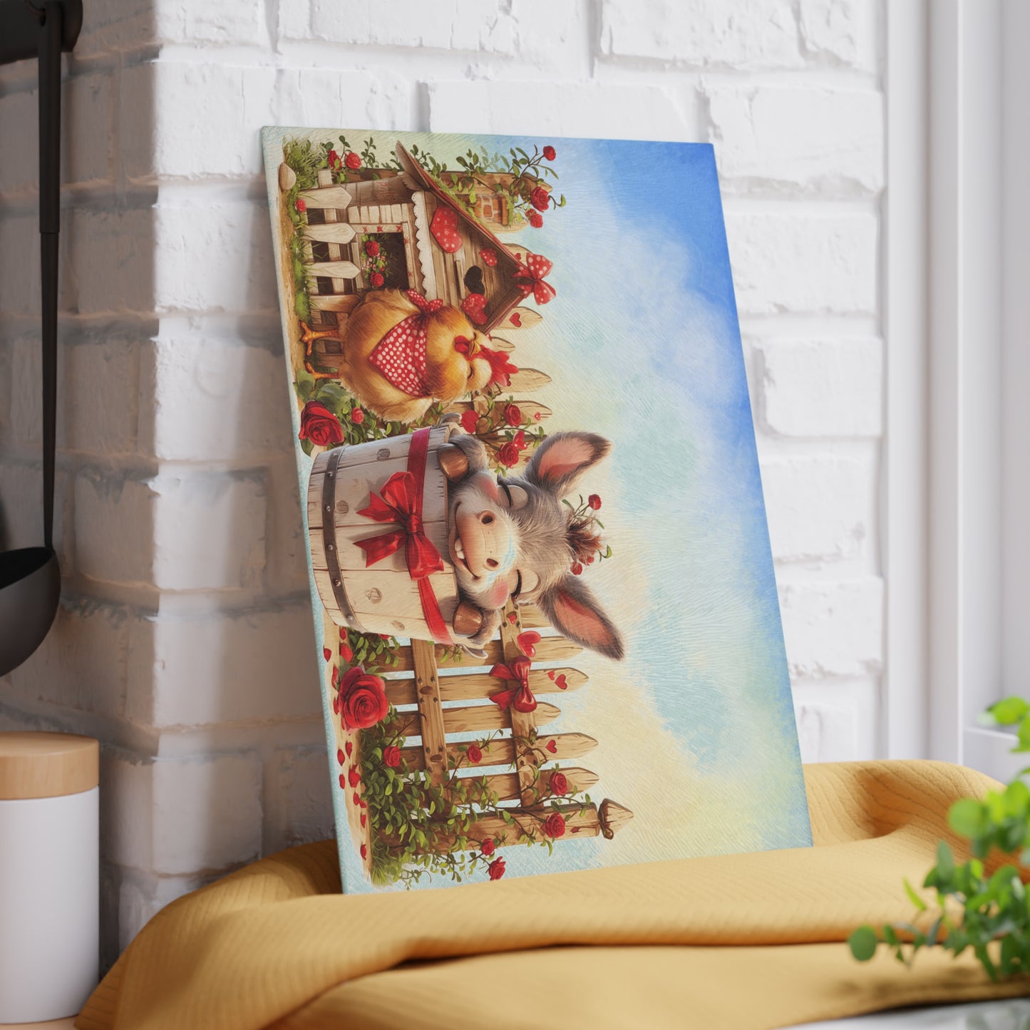 Glass Cutting Board - Cute Farm Donkey & Chicken Kitchen Decor, Heart Garland Rustic Countryside