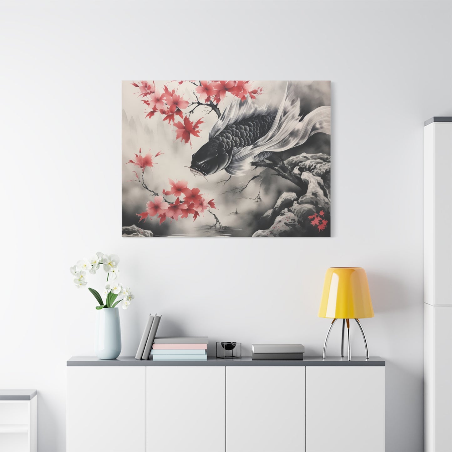 Koi Fish Artwork Canvas Wall Art Print - Elegant Decorative Wall Art with Cherry Blossoms