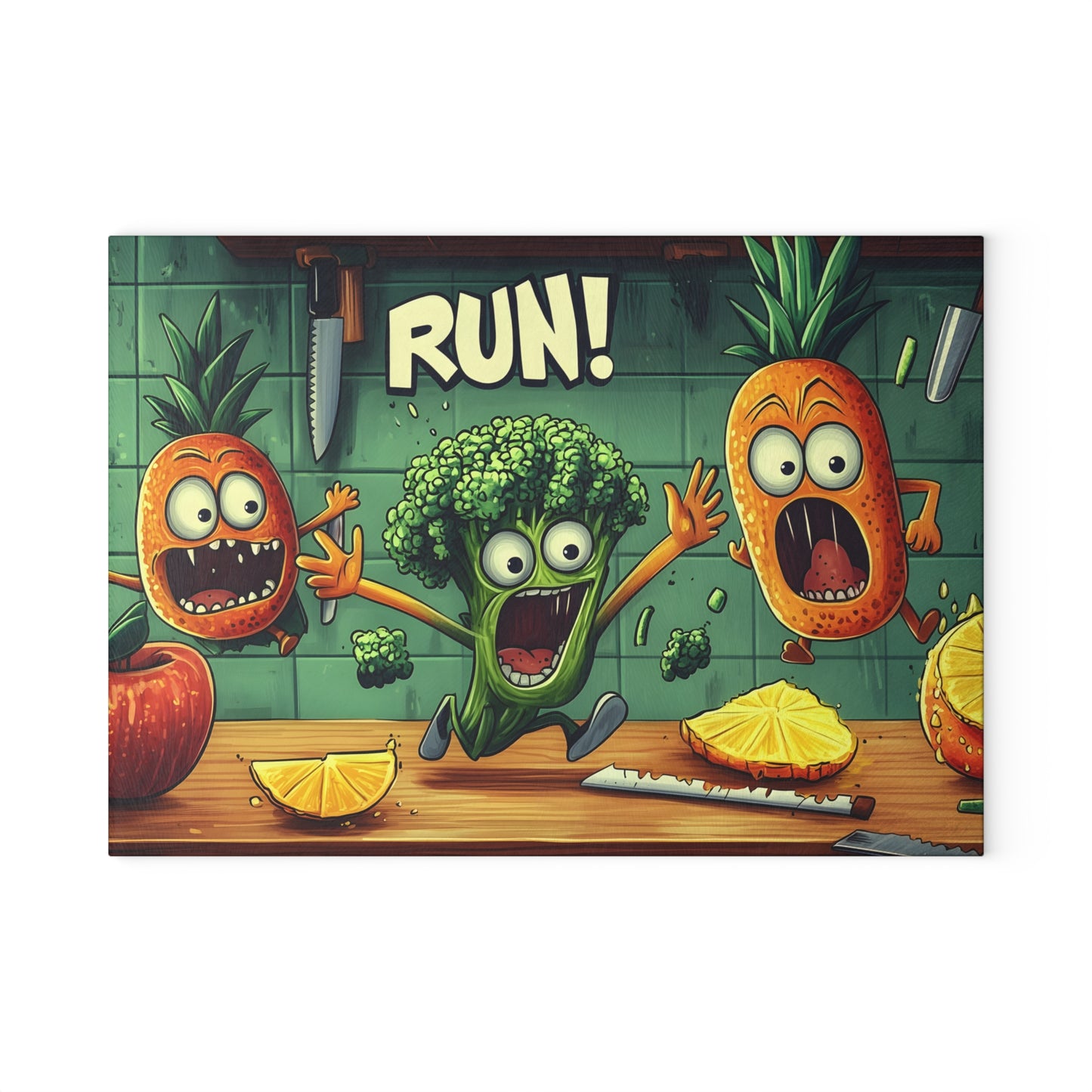 Fun Cartoon Glass Cutting Board - 'Run!' Veggie Design