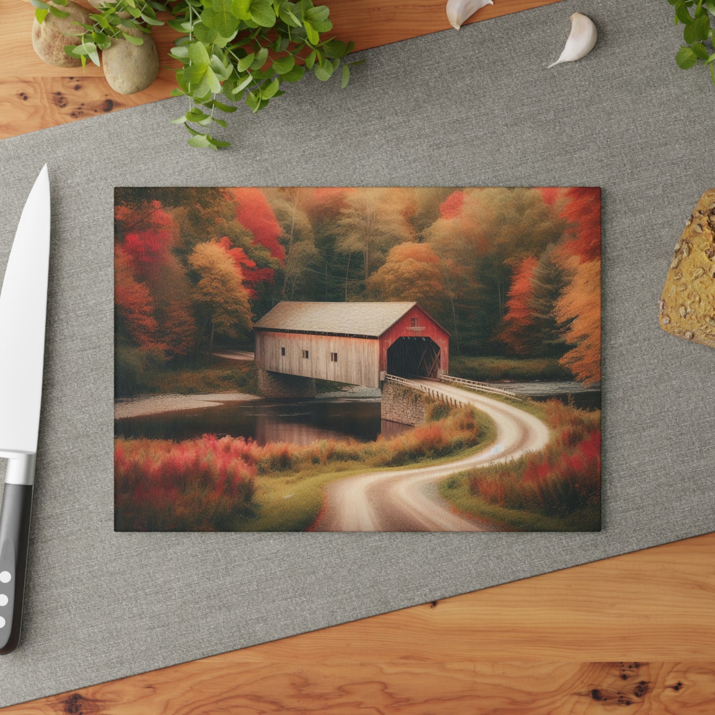 Autumn Inspired Glass Cutting Board with Rustic Covered Bridge Design