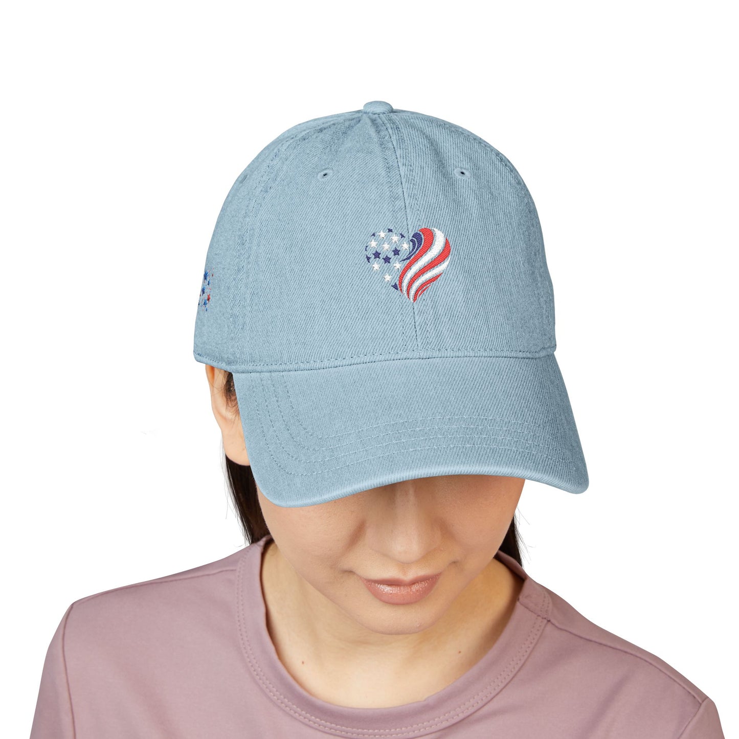 Patriotic Embroidered Denim Hat - USA Heart & Butterfly Design