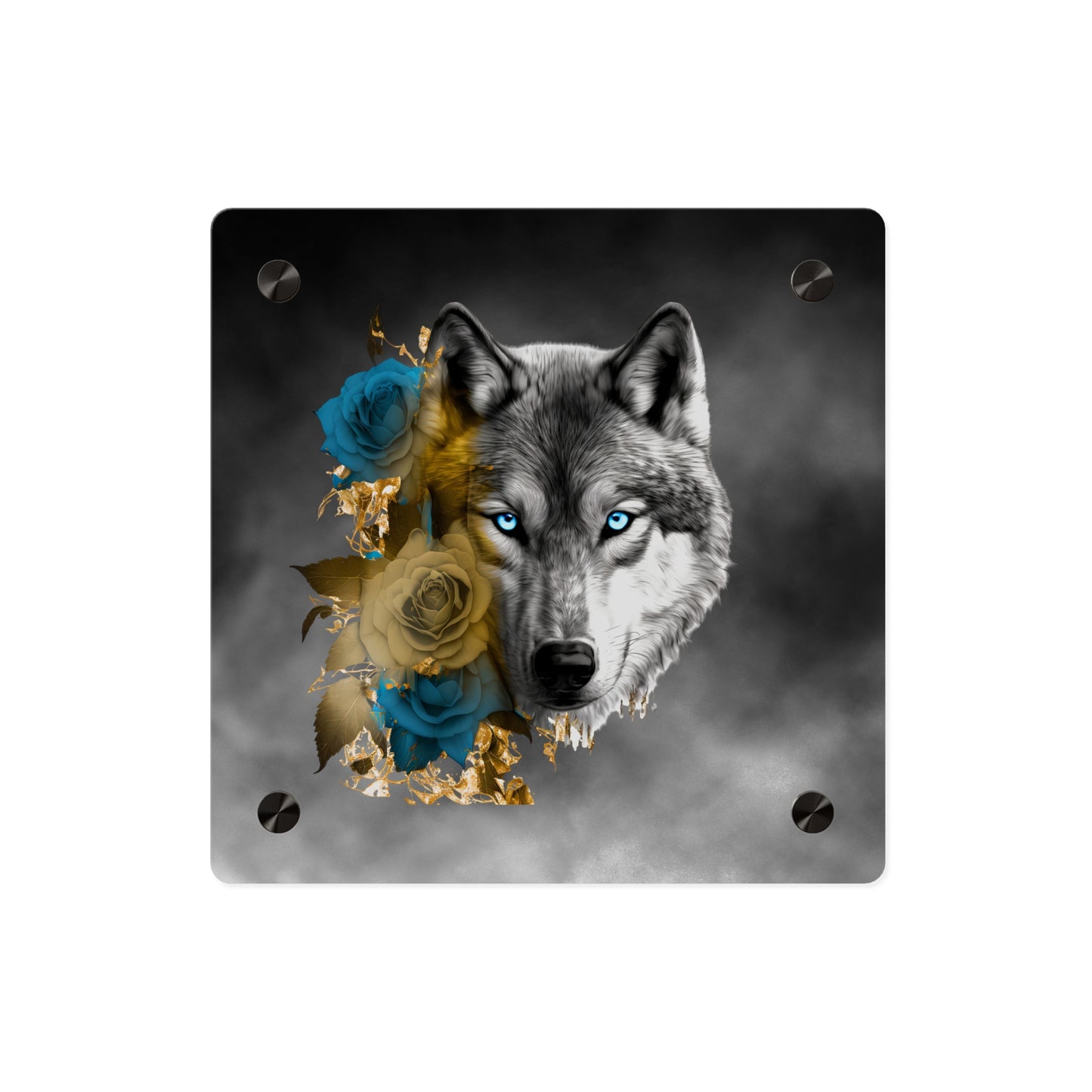 Lively Wolf Acrylic Wall Art Panel - Blue Roses Decor