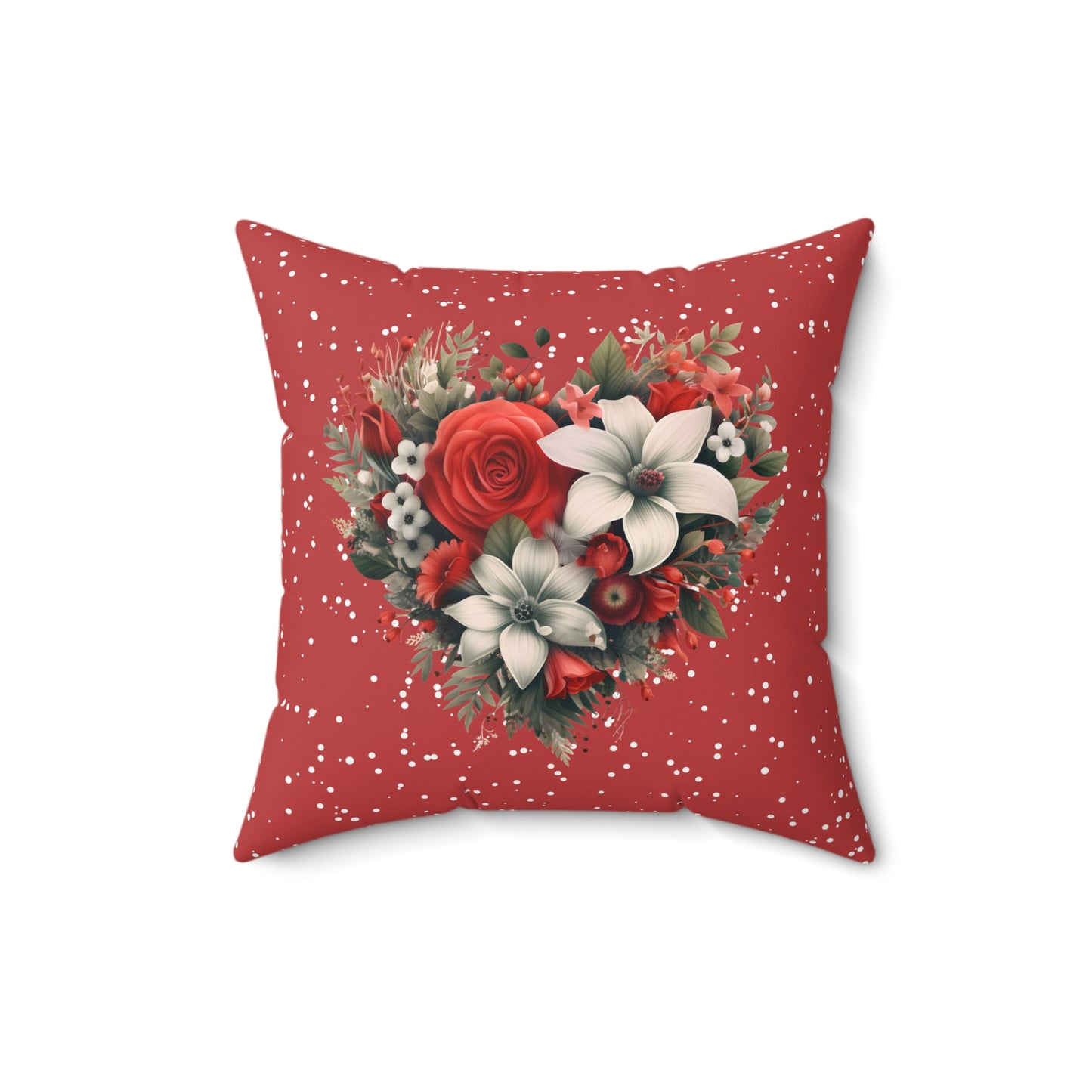Spun Polyester Square Pillow features a Heart Shape Christmas Floral Design on One Side, Beautiful Accent for Home or Office