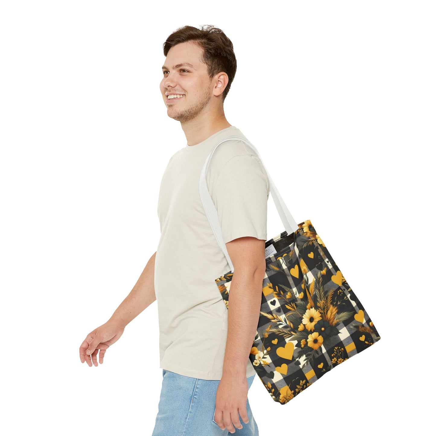 Stylish Yellow and Black Plaid Pattern with Floral and Hearts Tote Bag(AOP)