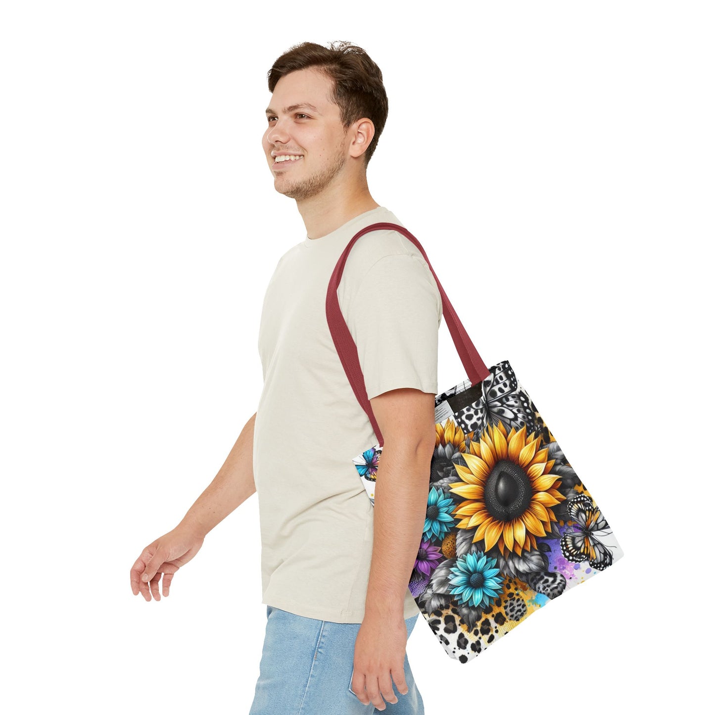 Sunflower & Butterfly Tote Bag — Colorful Floral All-Over Print