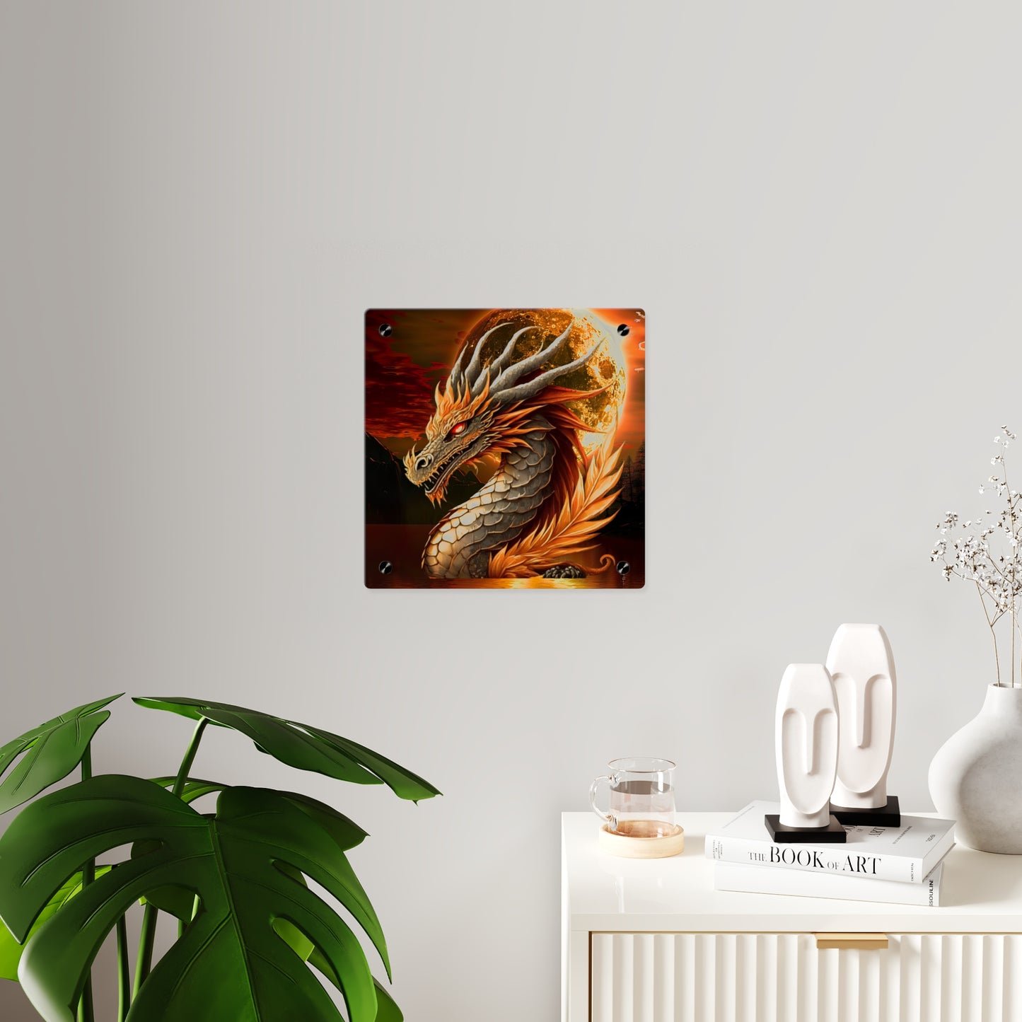 Gothic Theme Acrylic Wall Art Panels, Beautiful Dragon with Moon Background Decor, Accent for Any Room, Dragon Lovers, for Anyone