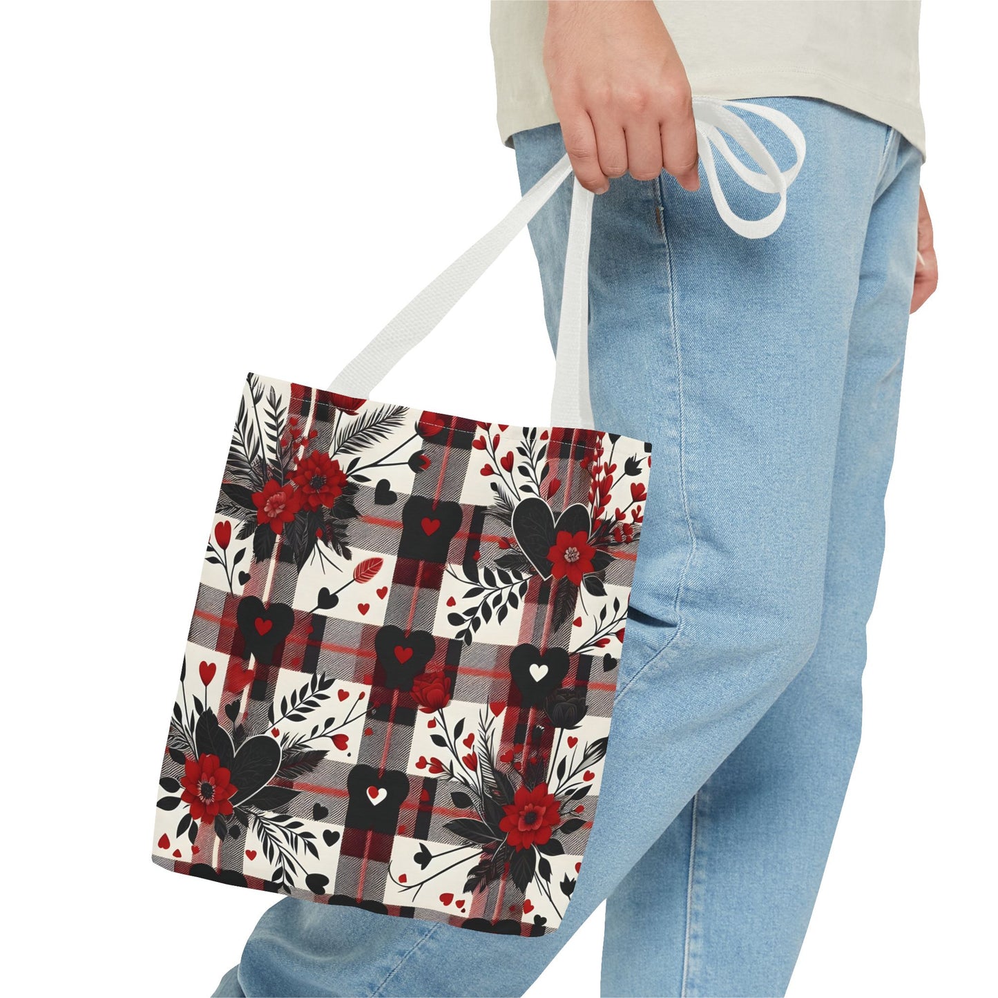 Fashionable Valentine Tote Bag (AOP) with Flowers and Hearts Plaid Design Pattern