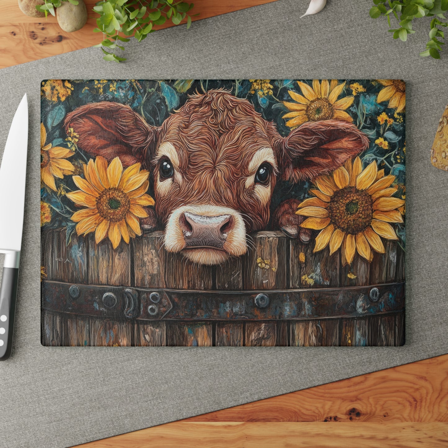 Cow and Sunflower Glass Cutting Board - Rustic Kitchen Decor