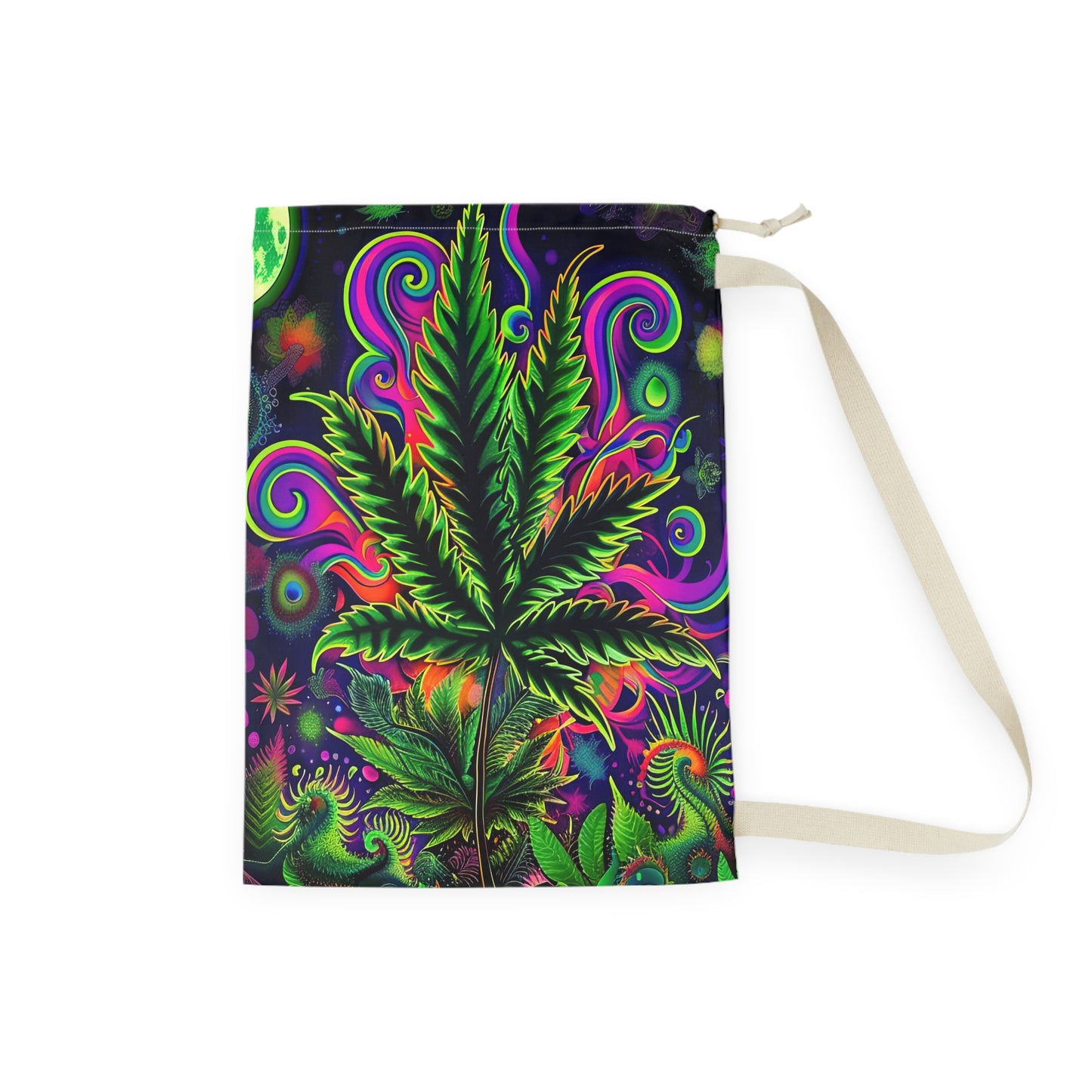 Kaleidoscopic Botanical Leaf Laundry Bag – Neon Trippy Drawstring Hamper