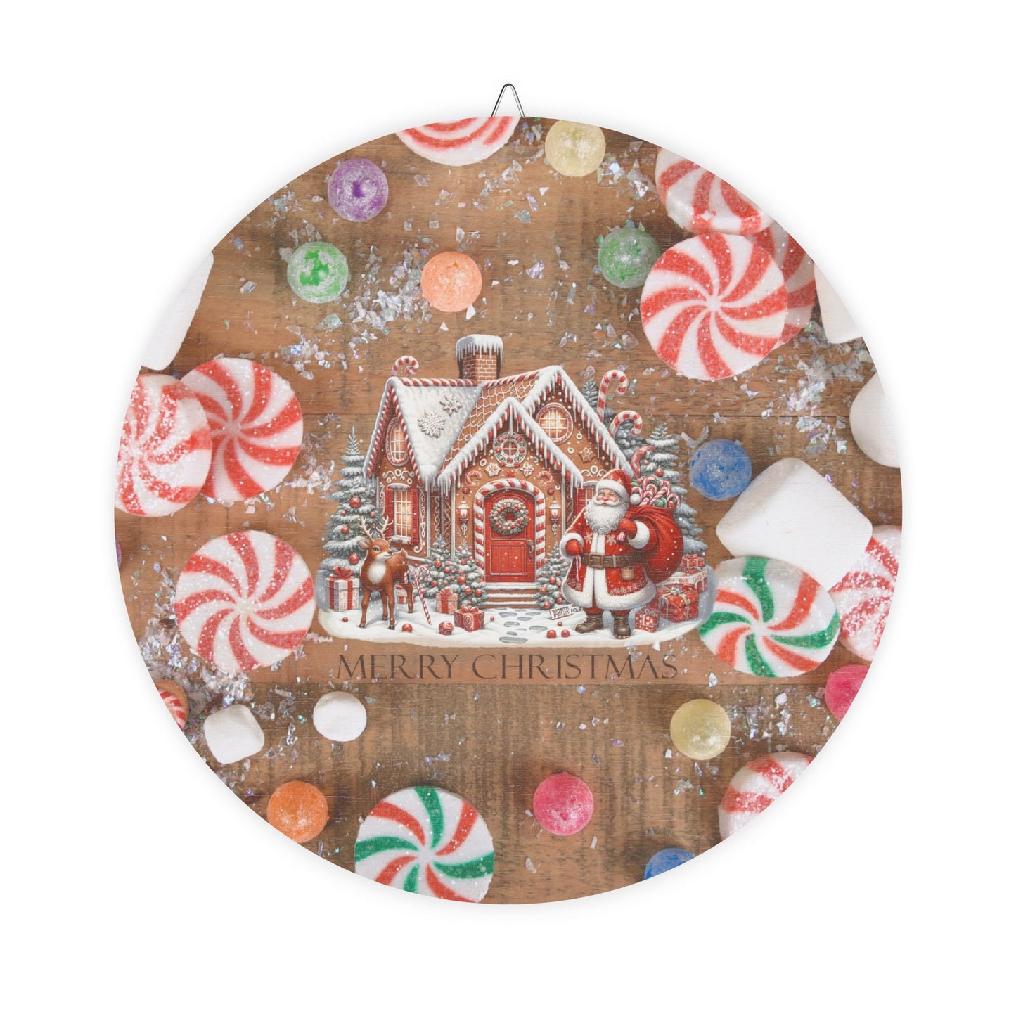 Rustic Charm Gingerbread House & Santa Claus Wood Signs With Candy Background.