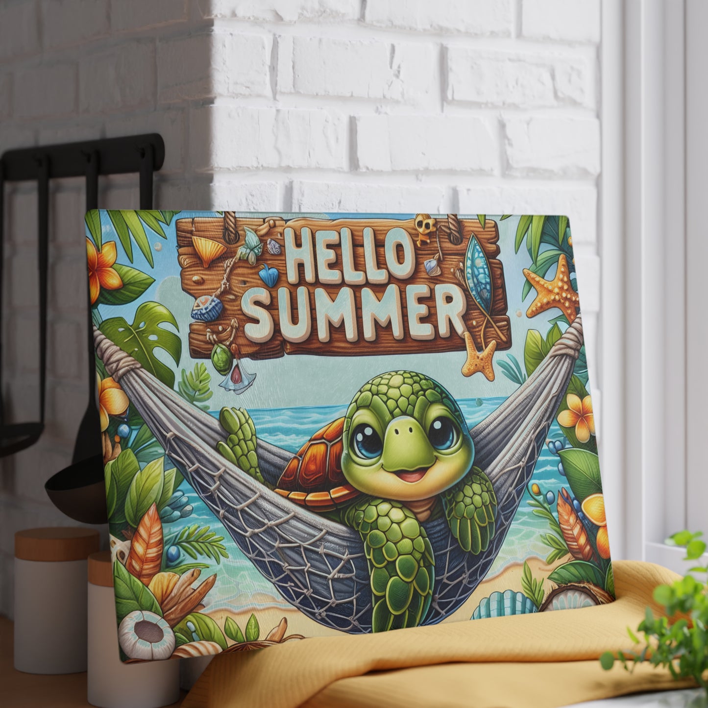 Glass Cutting Board - 'Hello Summer' Sea Turtle Beach Design