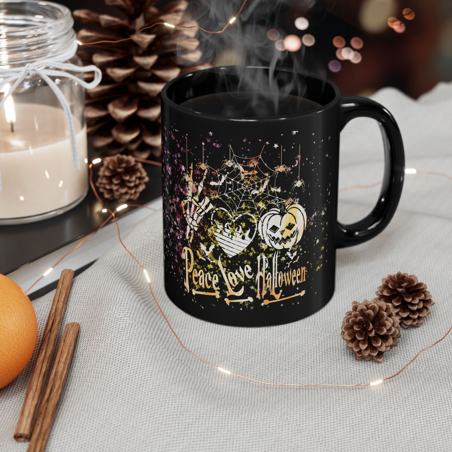Halloween-Themed Black Mug | Peace Love Halloween Design, Spooky Coffee Cup, Fall Gift, Haunted House Decor, October Celebration