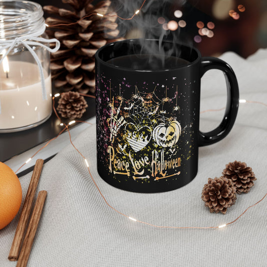 Halloween-Themed Black Mug | Peace Love Halloween Design, Spooky Coffee Cup, Fall Gift, Haunted House Decor, October Celebration