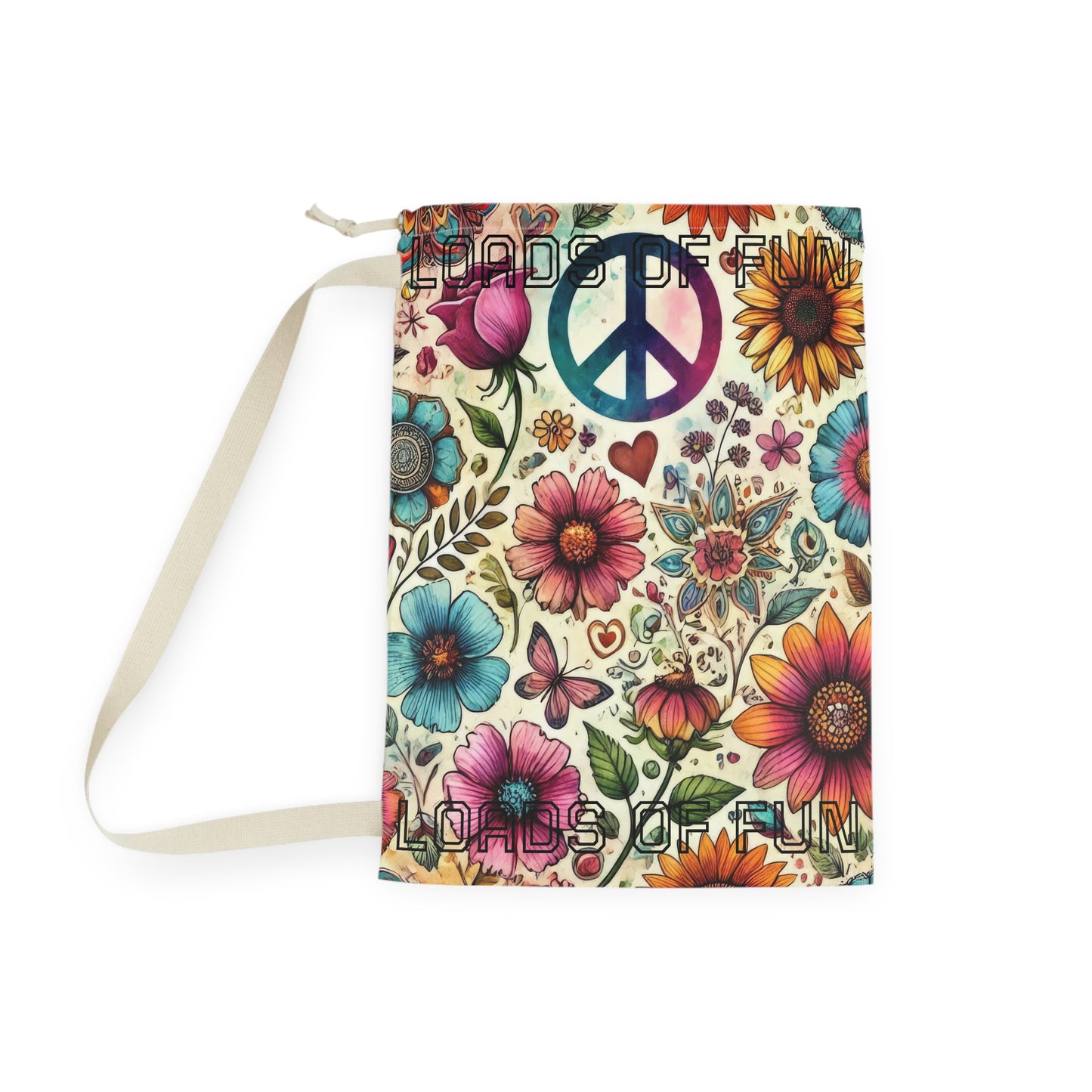 Peace & Flowers Laundry Bag — Boho Floral Drawstring Bag for Travel & Dorm - "Loads of Fun" saying