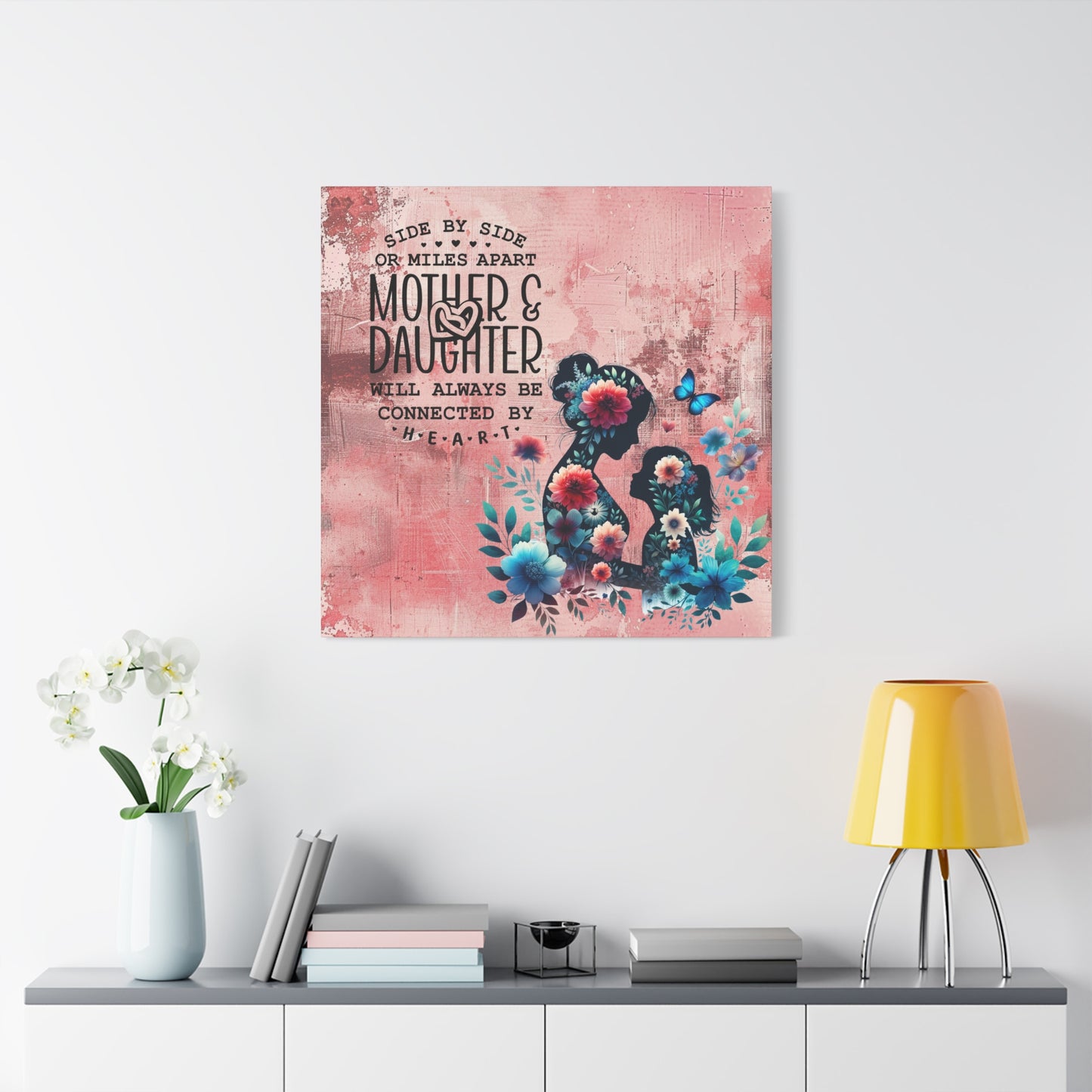 Mother-Daughter Love With Floral And Butterfly Canvas Wall Art Print