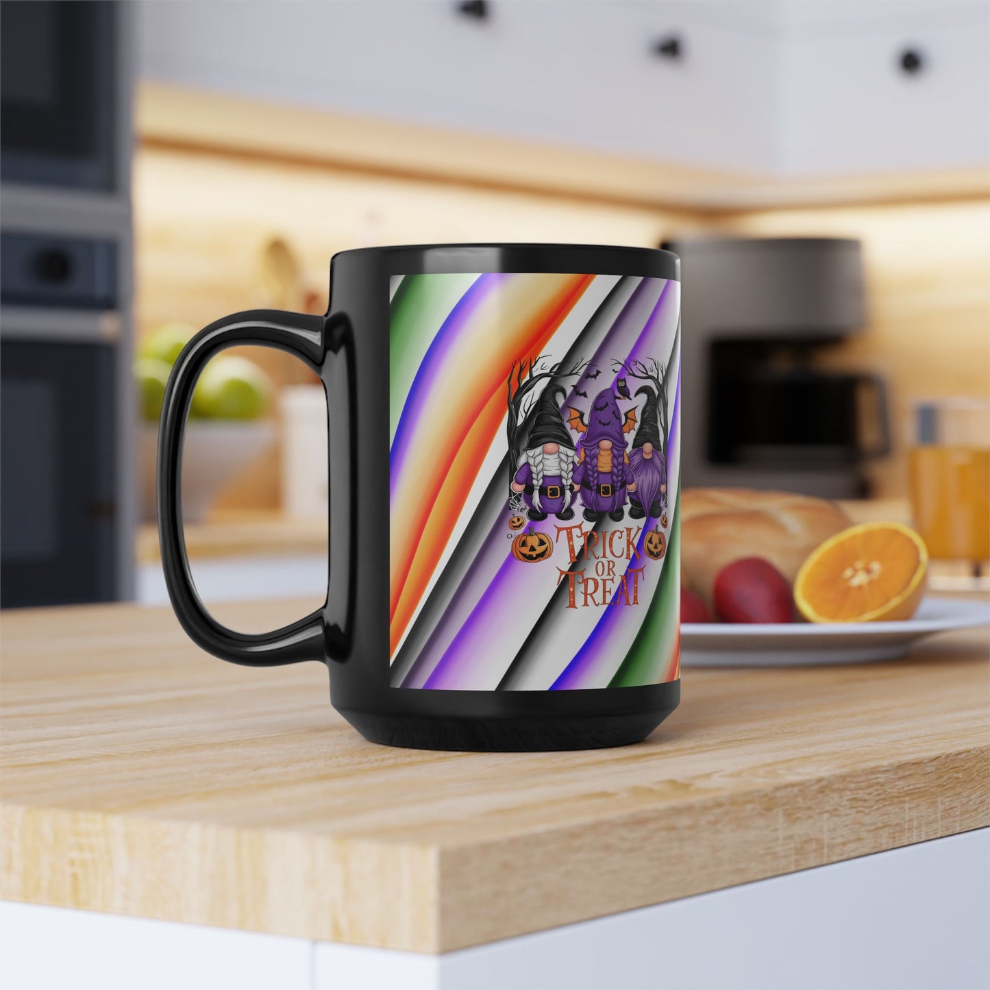 Halloween Theme Black Mug (11oz, 15oz), Cute Halloween Expression with Gnomes, Halloween Lovers, Gnome Lovers, Coffee, Tea, Hot Chocolate Lovers Gift Idea