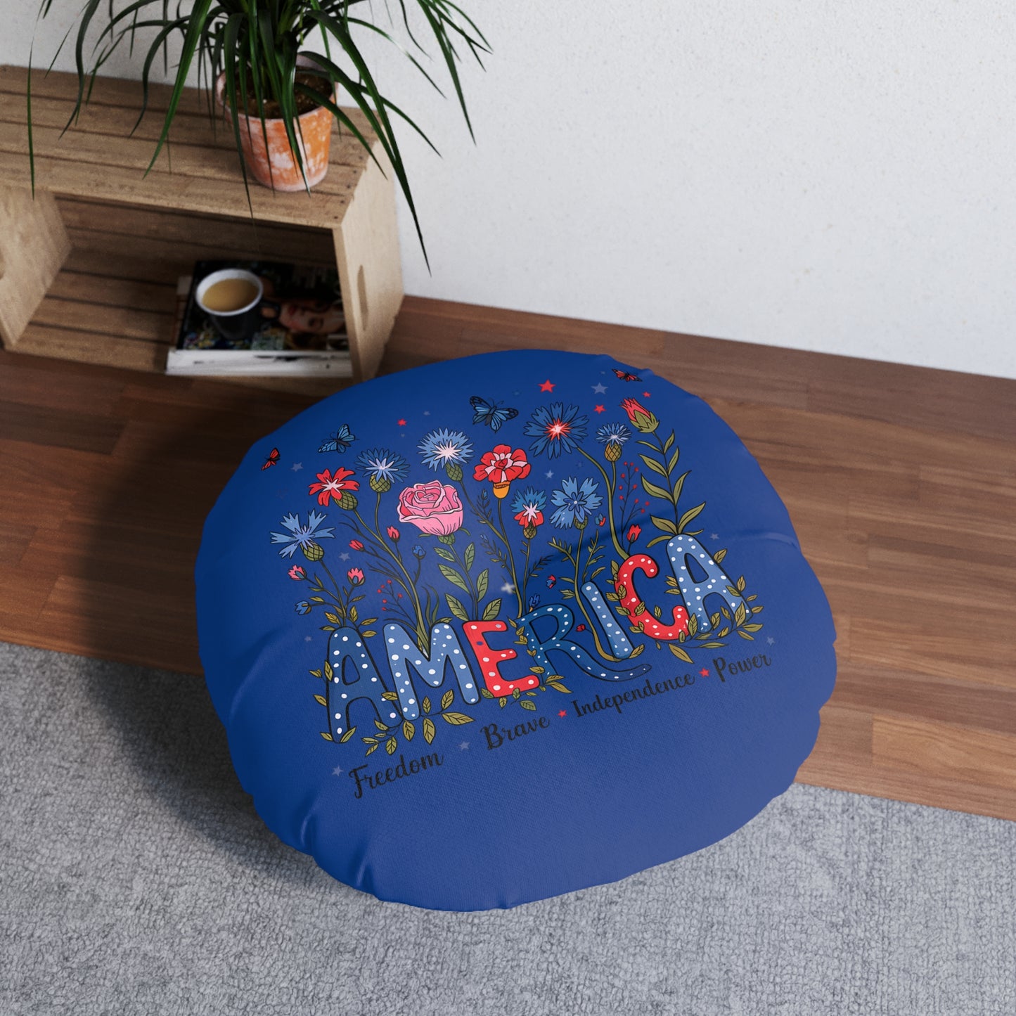Patriotic Tufted Floor Pillow, Round, Cozy Home Décor, Indoor Cushion, Fireworks Design, Perfect for Holidays and Celebrations