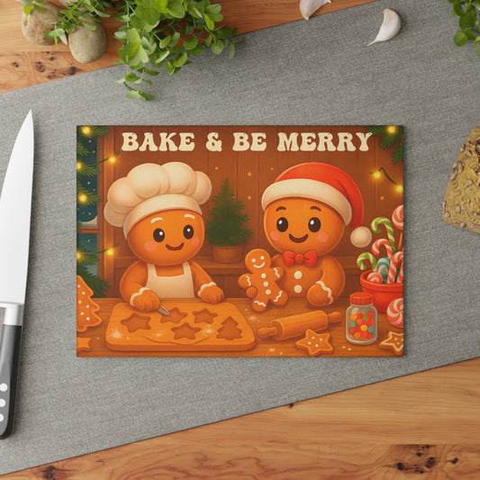 Festive Gingerbread Glass Cutting Board - "Bake & Be Merry"