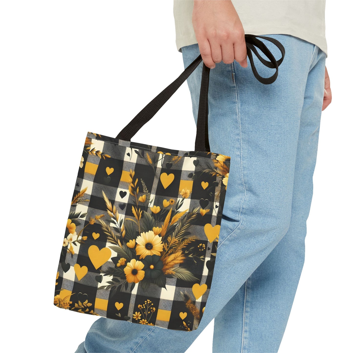 Stylish Yellow and Black Plaid Pattern with Floral and Hearts Tote Bag(AOP)