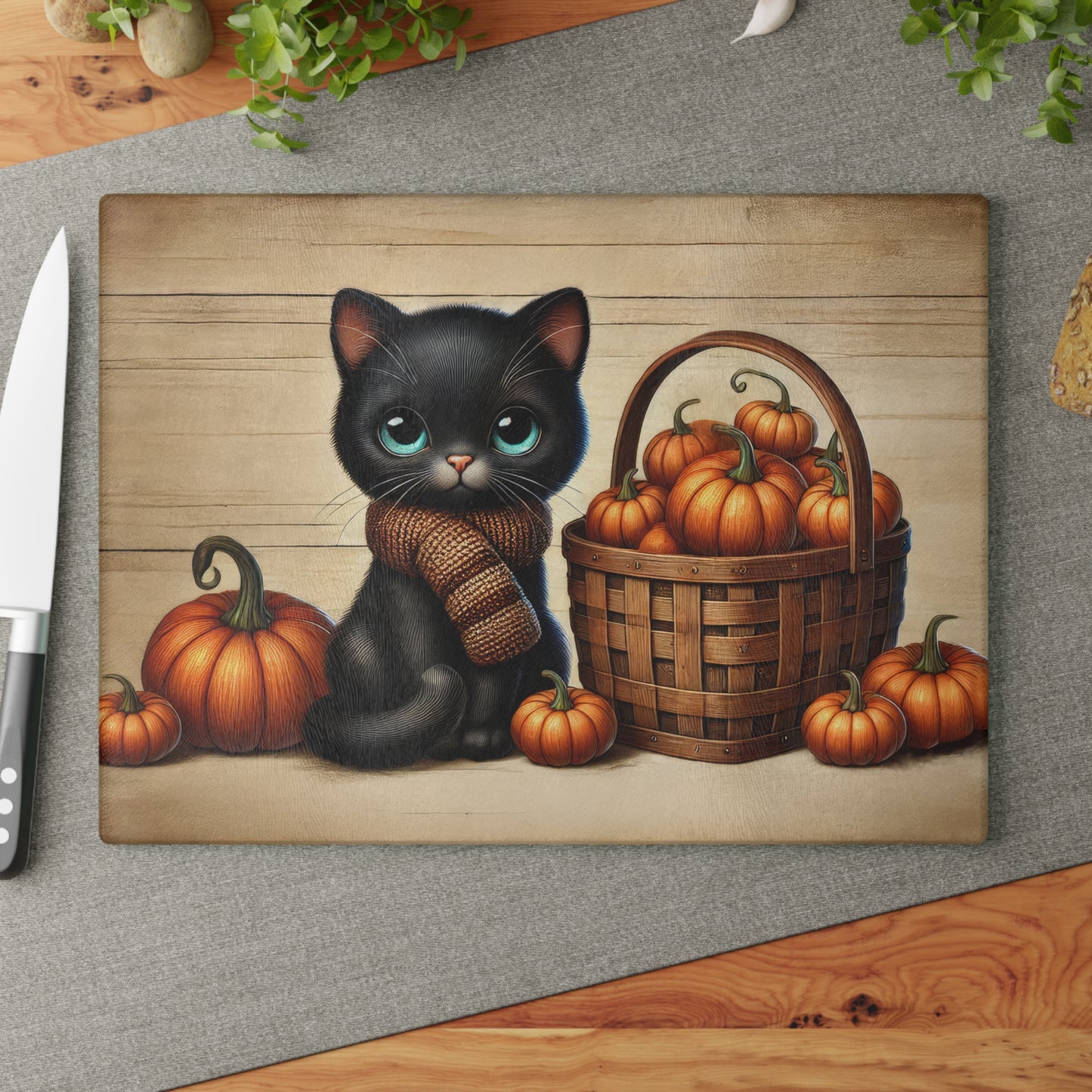 Cute Black Cat Pumpkin Glass Cutting Board - Perfect for Fall Cooking & Home Decor