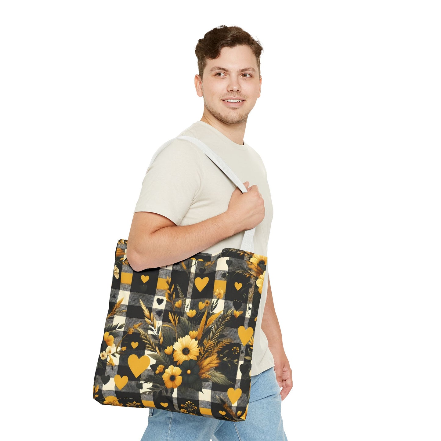 Stylish Yellow and Black Plaid Pattern with Floral and Hearts Tote Bag(AOP)