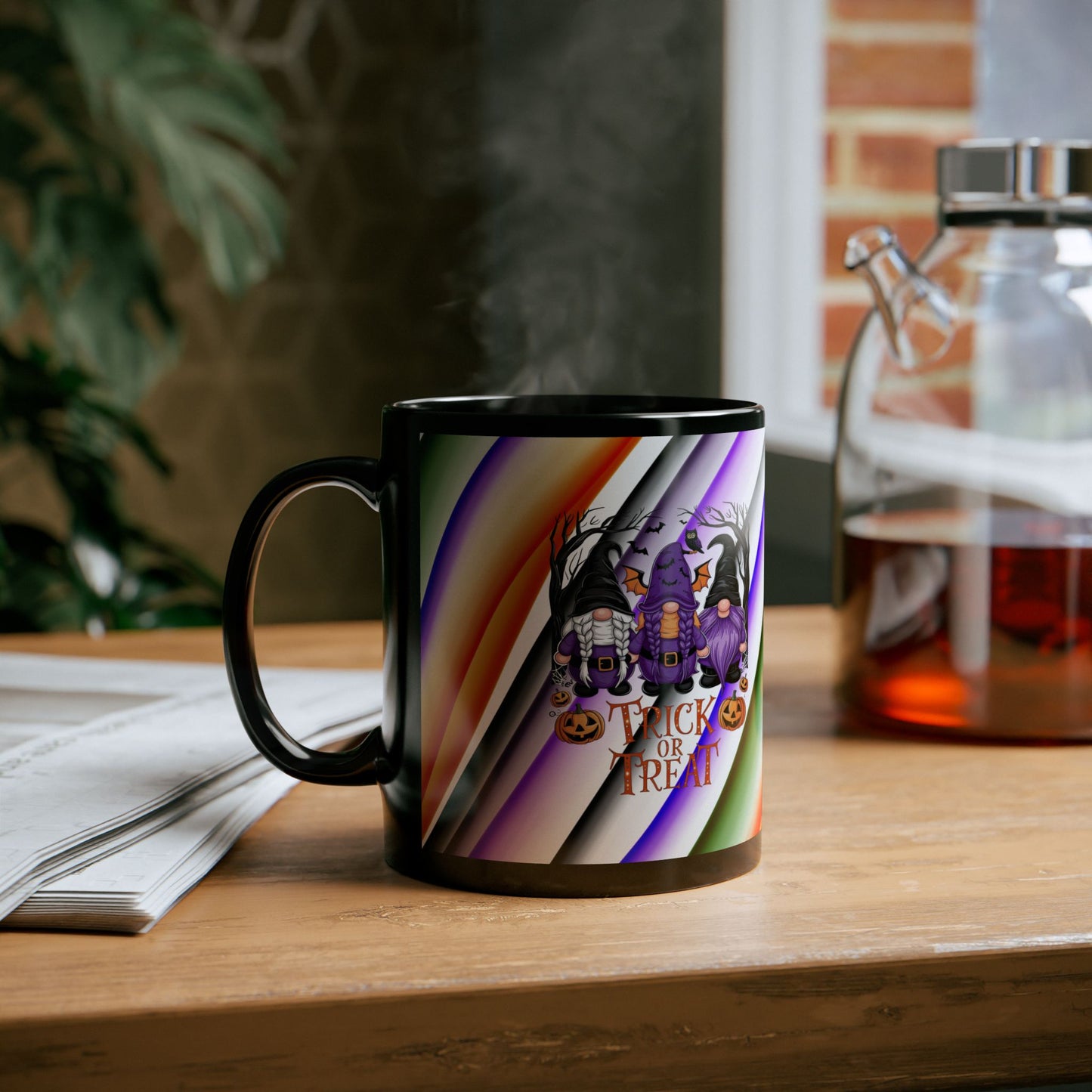 Halloween Theme Black Mug (11oz, 15oz), Cute Halloween Expression with Gnomes, Halloween Lovers, Gnome Lovers, Coffee, Tea, Hot Chocolate Lovers Gift Idea