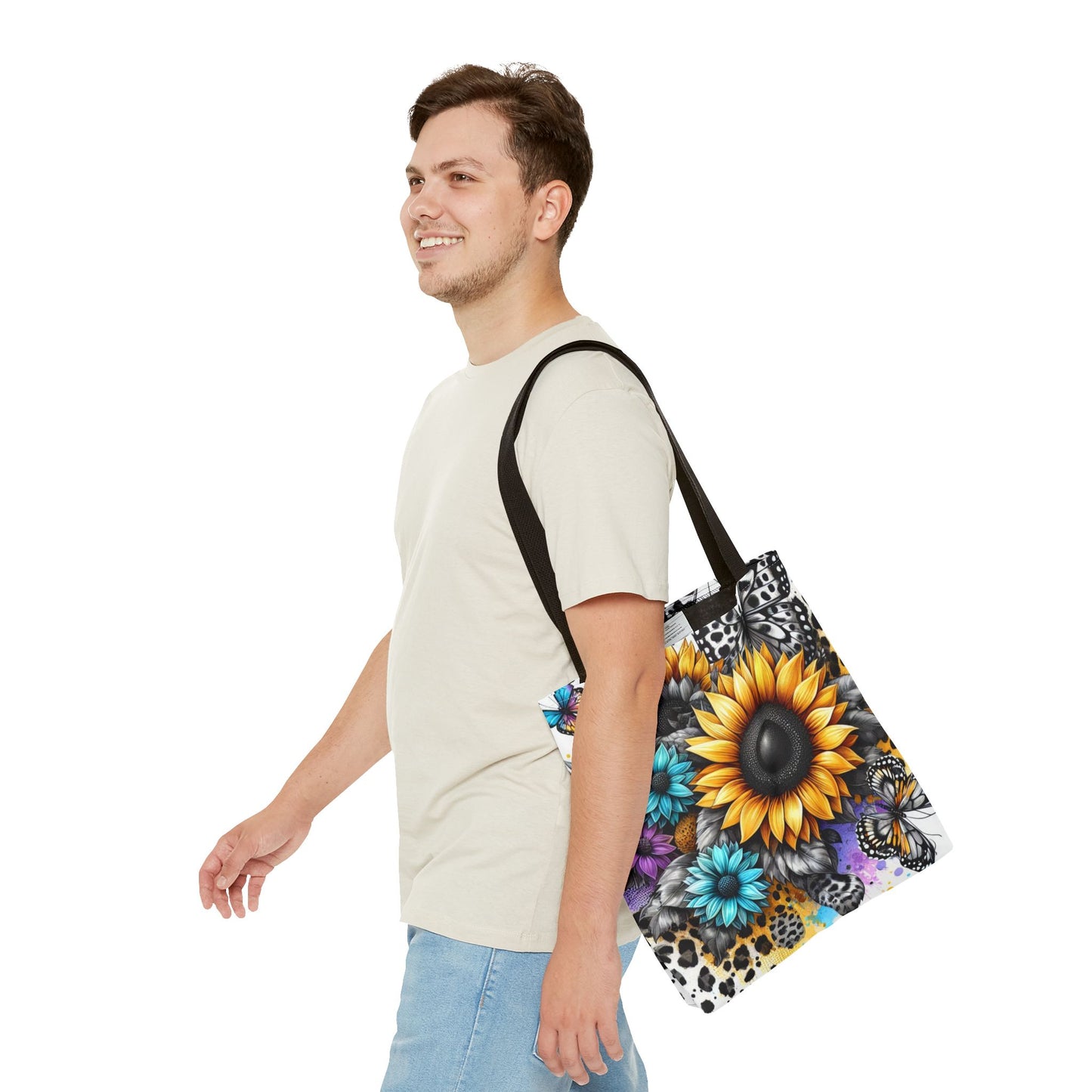 Sunflower & Butterfly Tote Bag — Colorful Floral All-Over Print