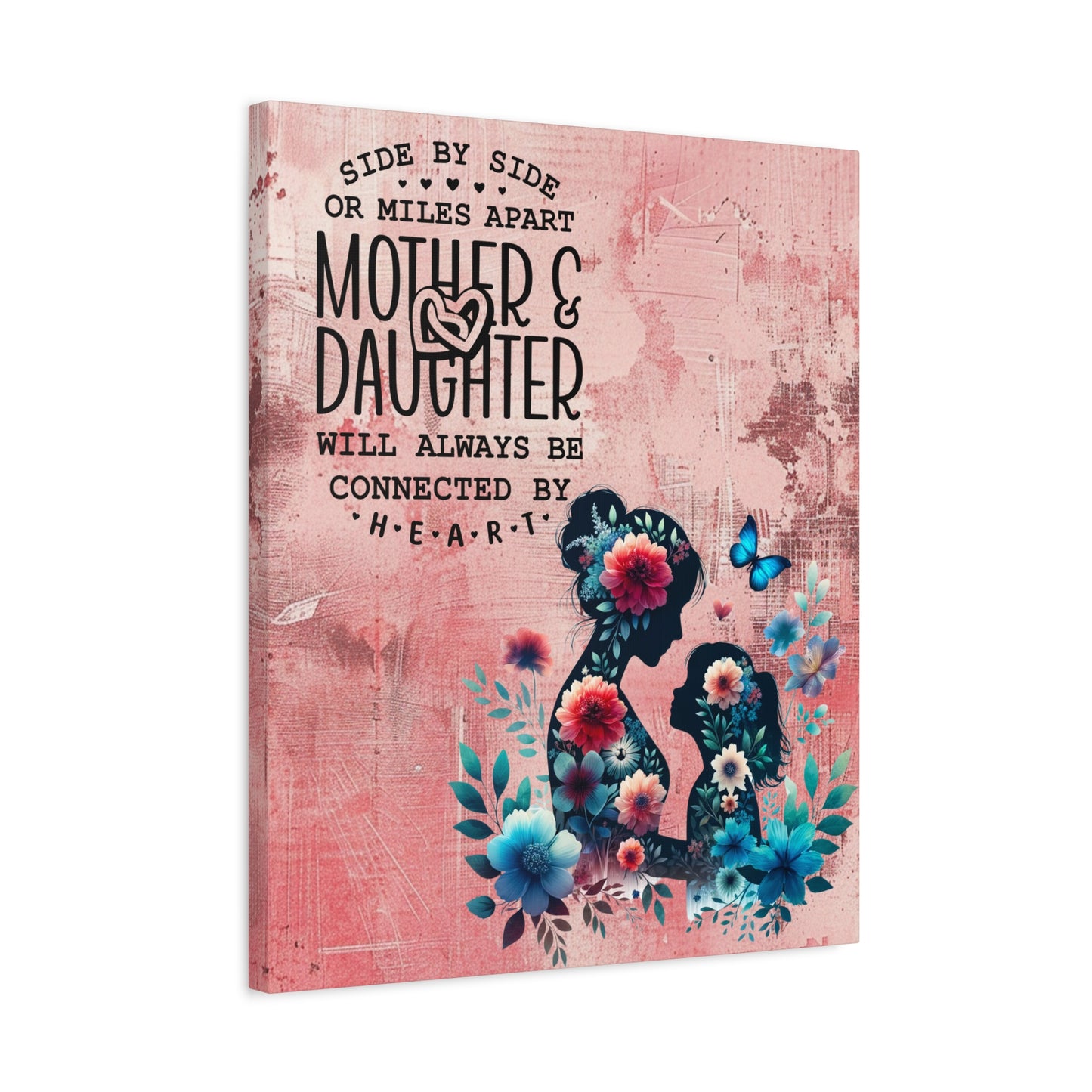 Mother-Daughter Love With Floral And Butterfly Canvas Wall Art Print