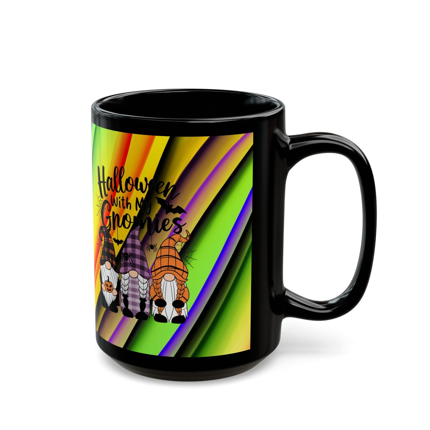 Halloween Theme Black Mug (11oz, 15oz), Cute Halloween Expression with Gnomes, Halloween Lovers, Gnome Lovers, Coffee, Tea, Hot Chocolate Lovers Gift Idea