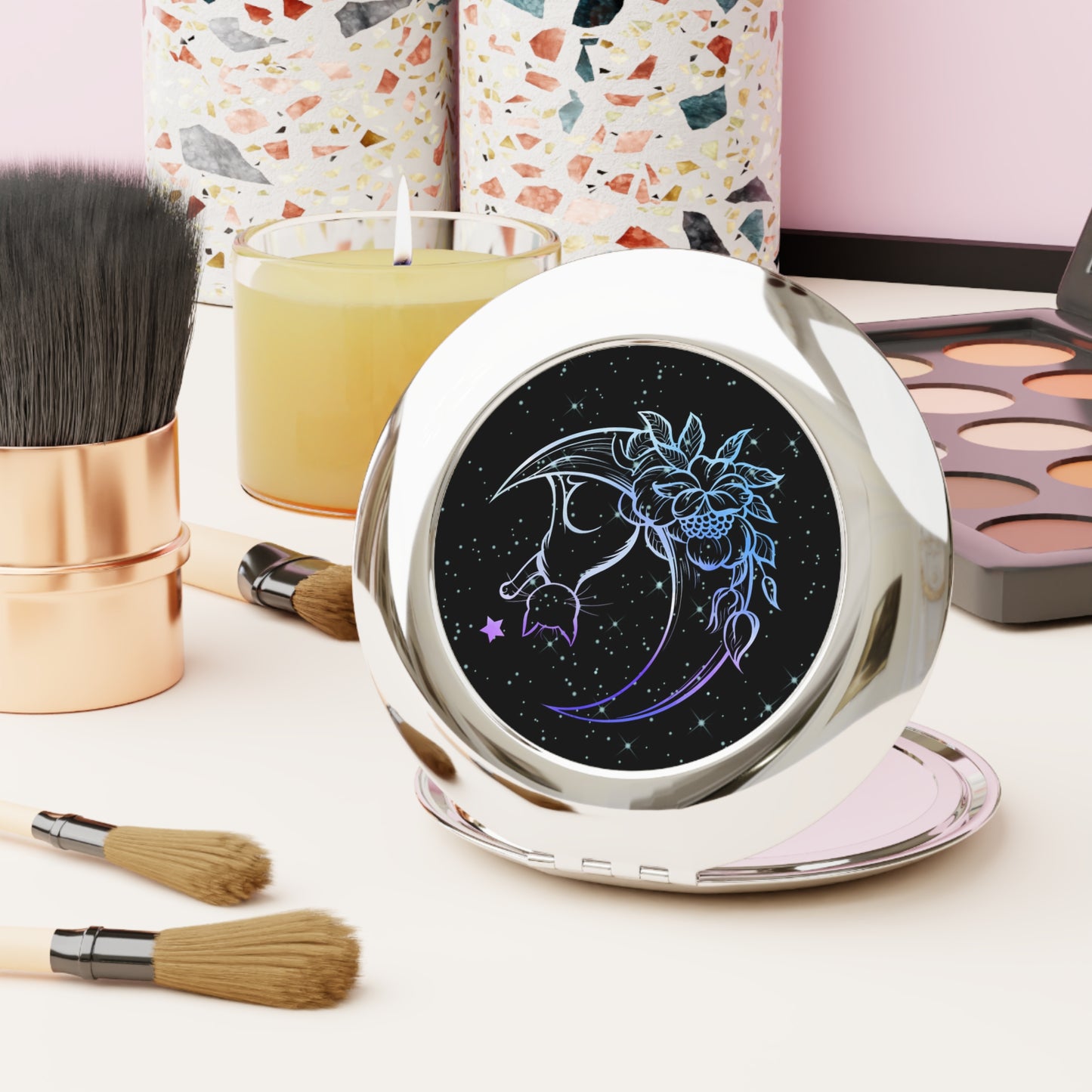 Celestial Cat Compact Travel Mirror - Stylish Portable Makeup Mirror