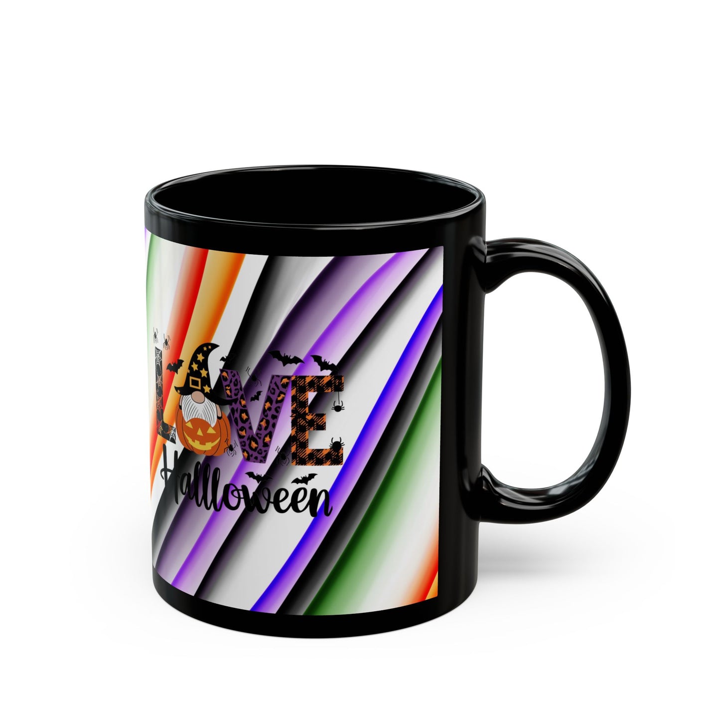 Halloween Theme with Gnome Black Mug (11oz, 15oz) Halloween Lovers, Coffee, Tea, Hot Chocolate lovers, Great Gift Idea for Any Occasion for Anyone