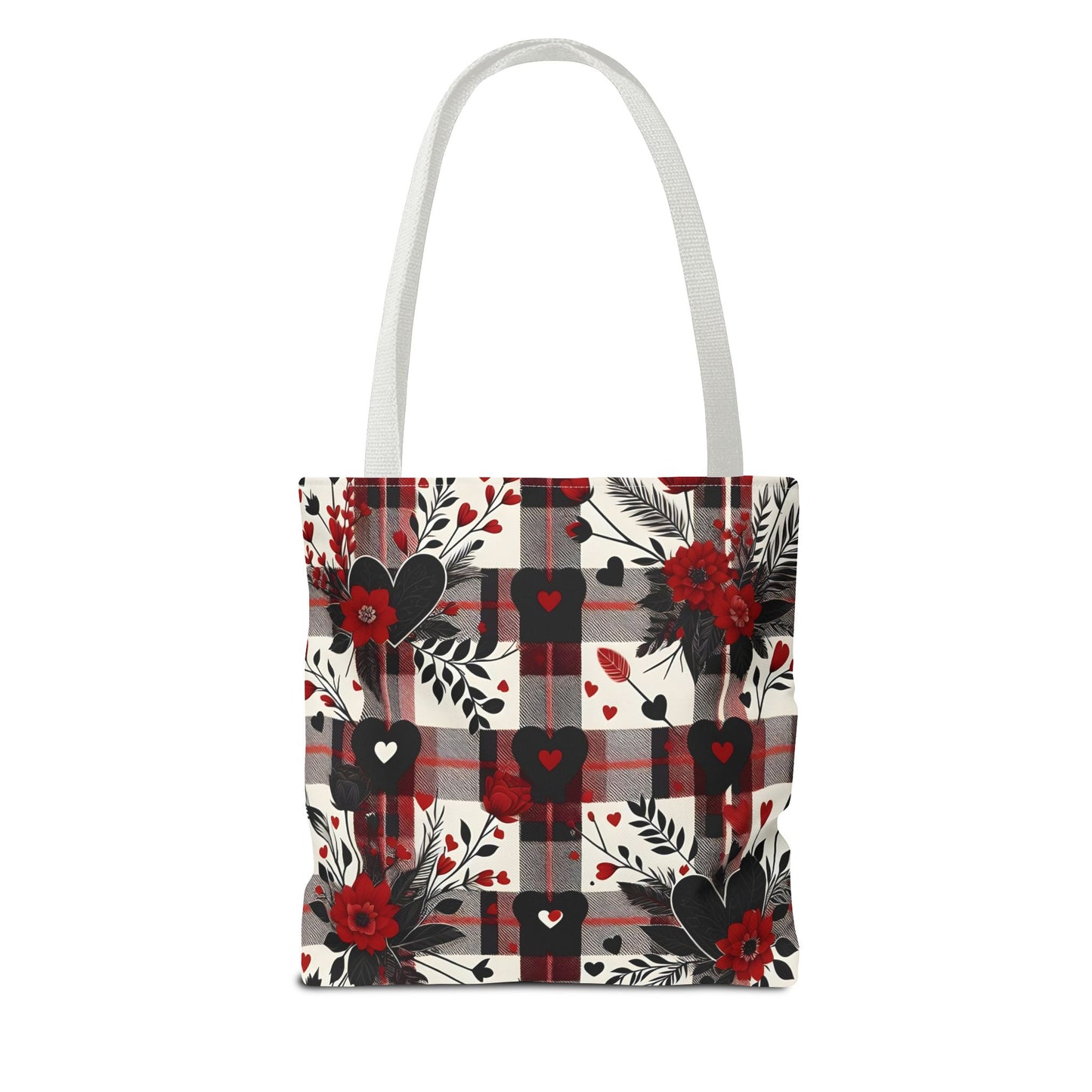 Fashionable Valentine Tote Bag (AOP) with Flowers and Hearts Plaid Design Pattern